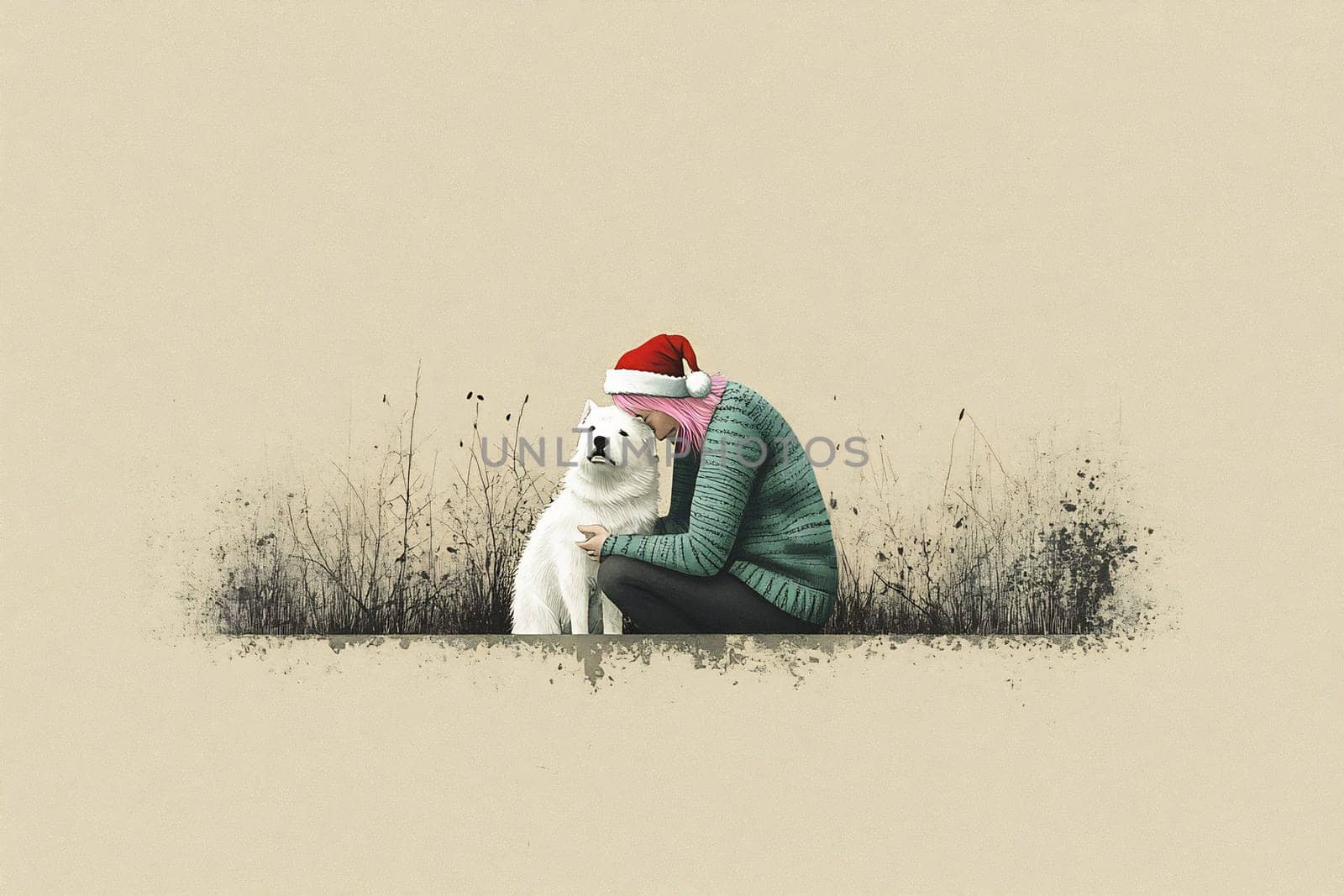 A person embraces a white dog while dressed in festive attire, creating a warm and loving atmosphere in a natural environment.