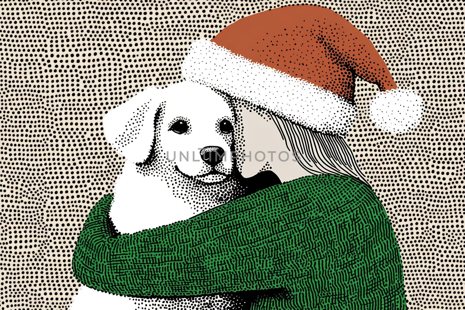 A person wearing a festive Santa hat lovingly hugs a white dog, capturing the joy of the holiday season with their warm connection.
