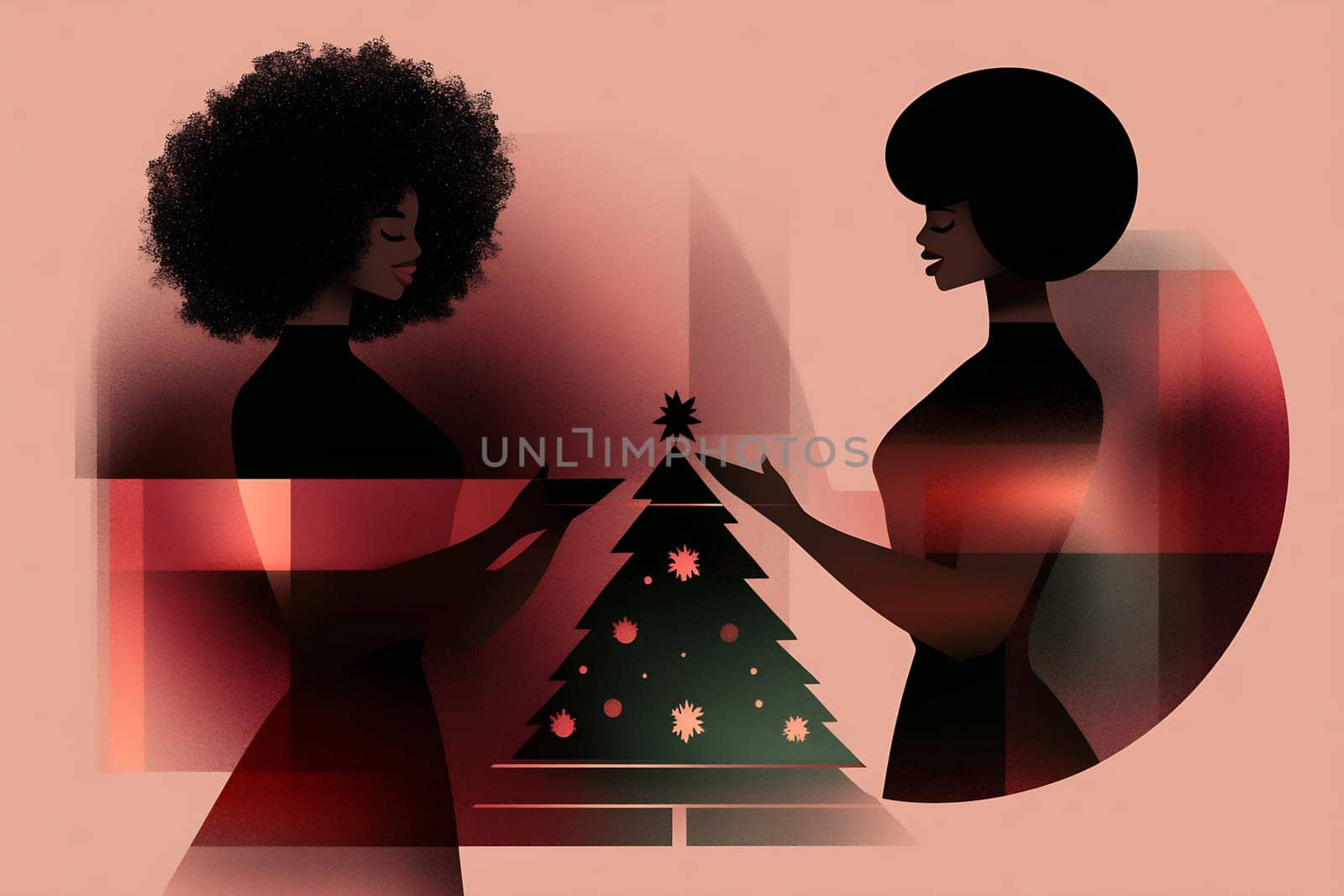 Two women stand facing each other, smiling, as they exchange gifts in front of a decorated Christmas tree during a joyful holiday season.