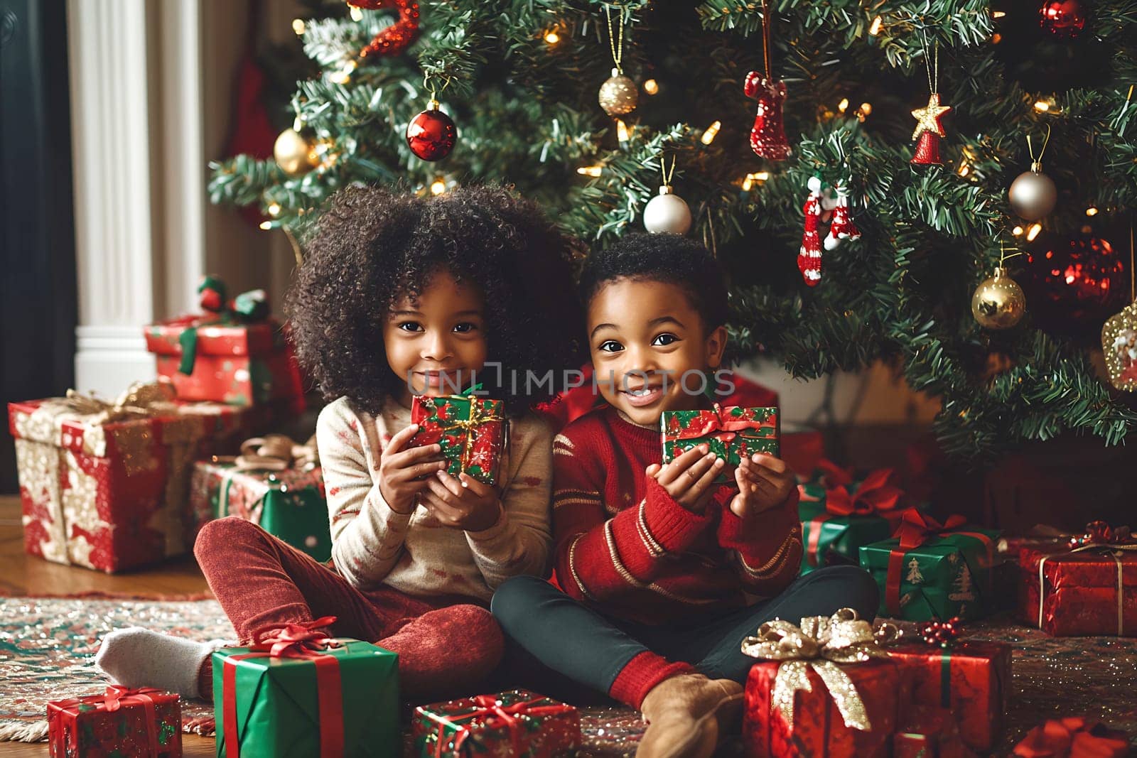 Two children sit on the floor, smiling and holding festive gifts, surrounded by a lush Christmas tree and colorful decorations.