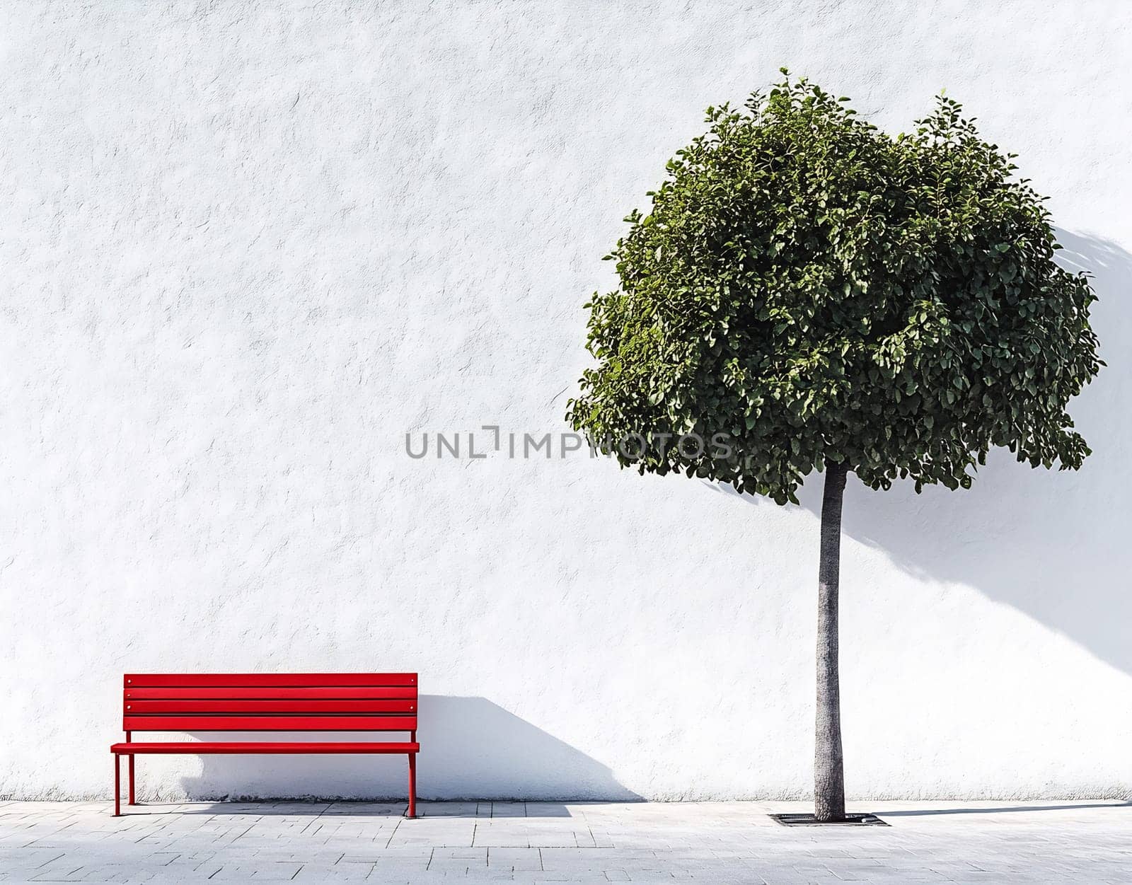 A striking red bench sits beside a green tree, both contrasting against a bright white wall in an urban area.