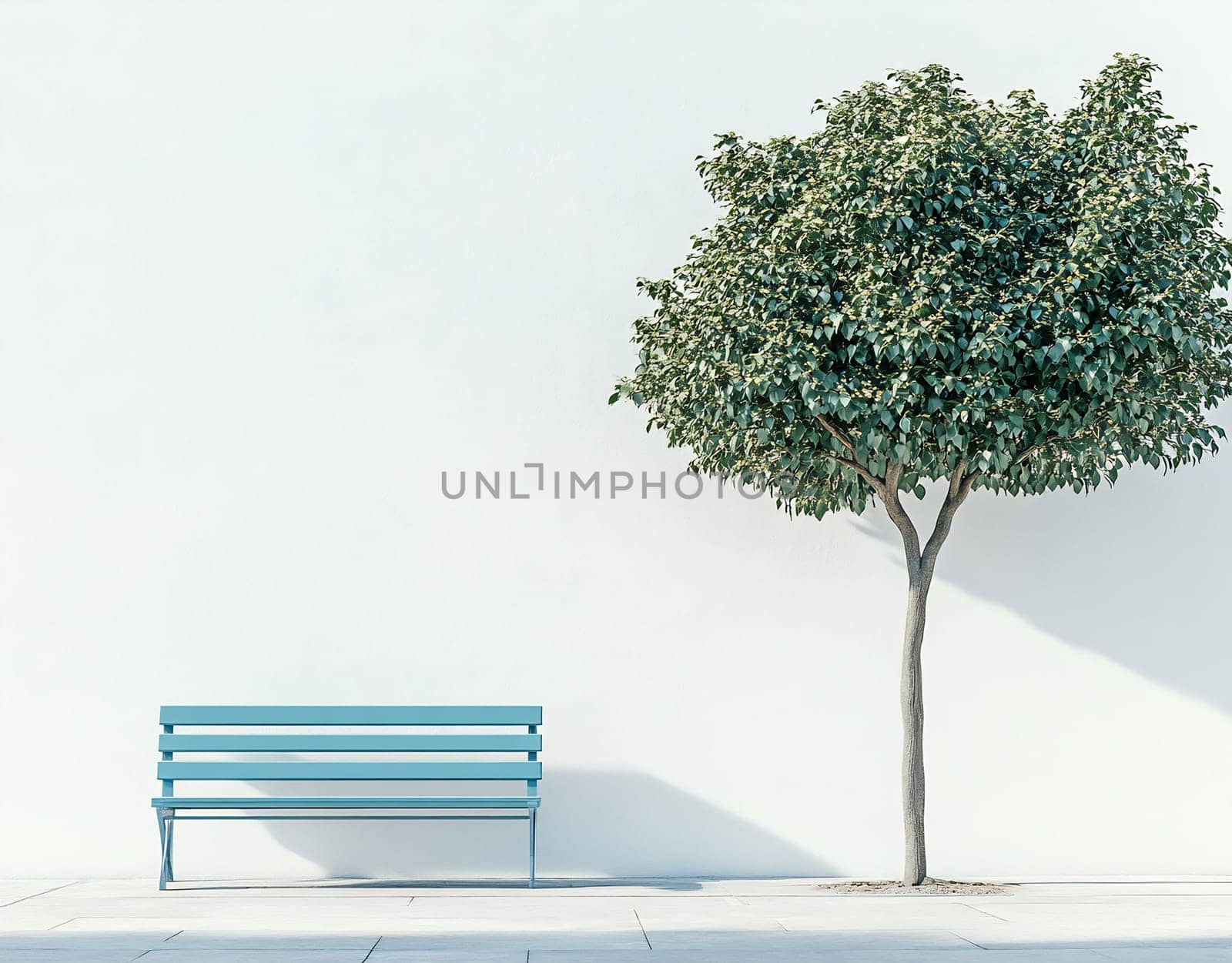 A serene setting features a blue park bench placed next to a lush green tree against a plain white wall.