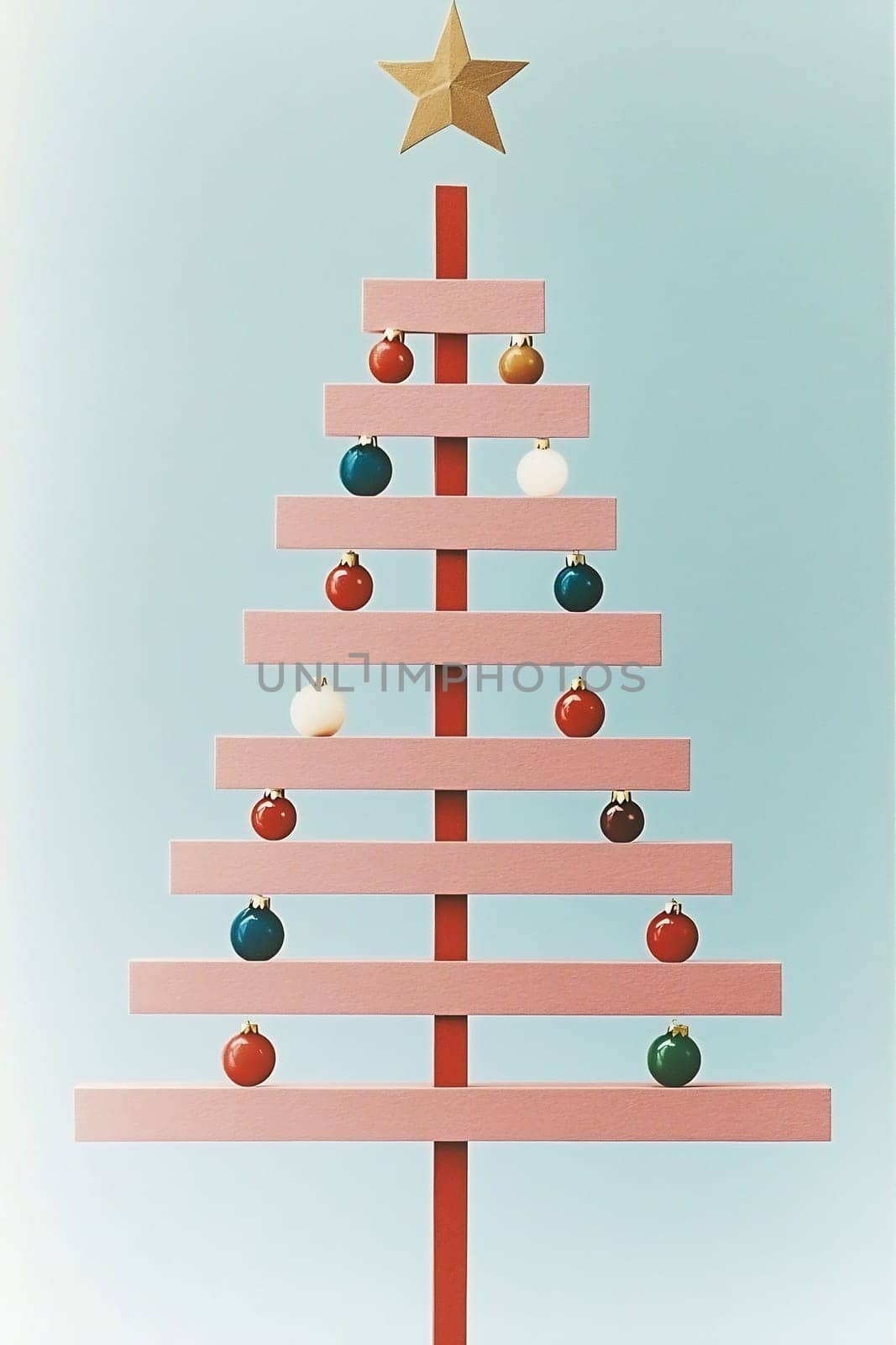 A uniquely designed pink Christmas tree stands tall with vibrant ornaments against a soft blue sky, creating a festive atmosphere.