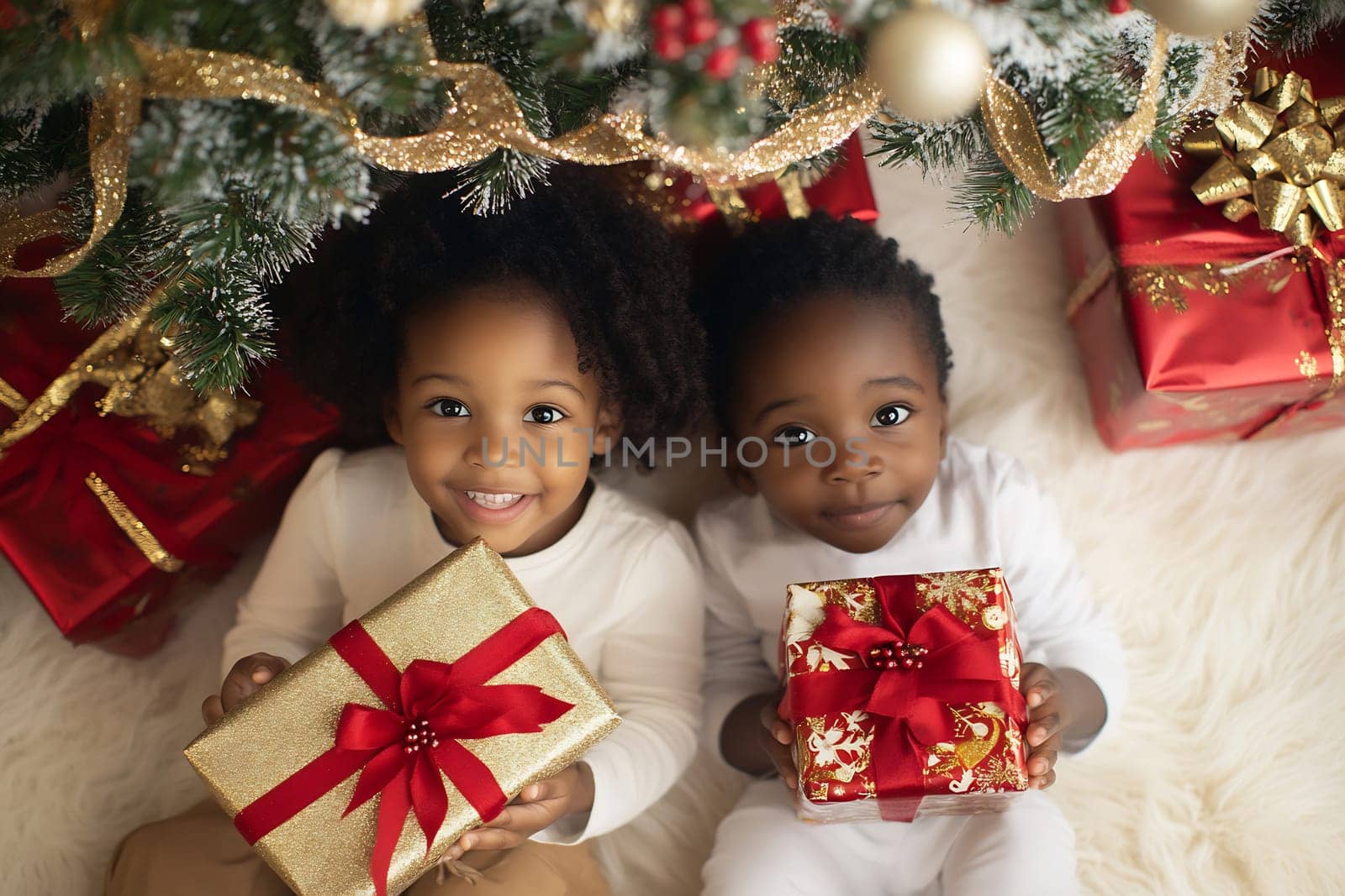 Children happily unwrap gifts together under a beautifully adorned Christmas tree filled with colorful presents.