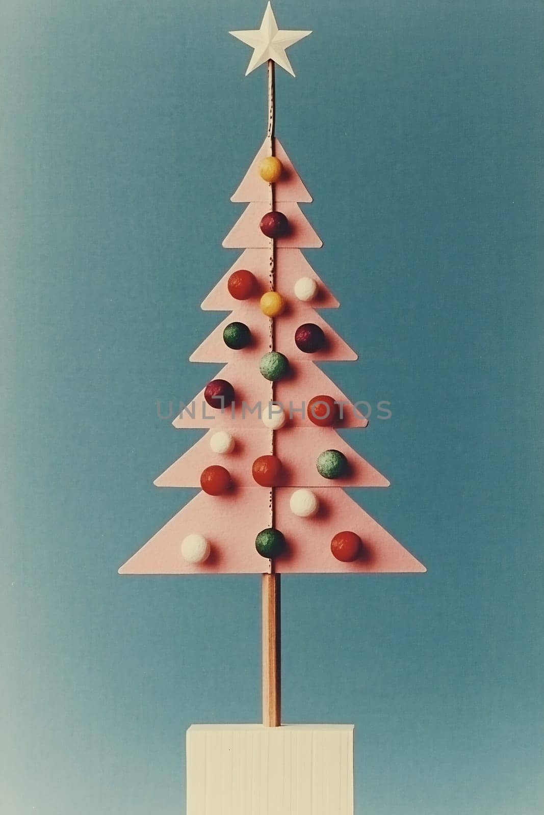 A pastel pink Christmas tree stands adorned with colorful baubles and topped with a star, adding a festive touch to the setting.