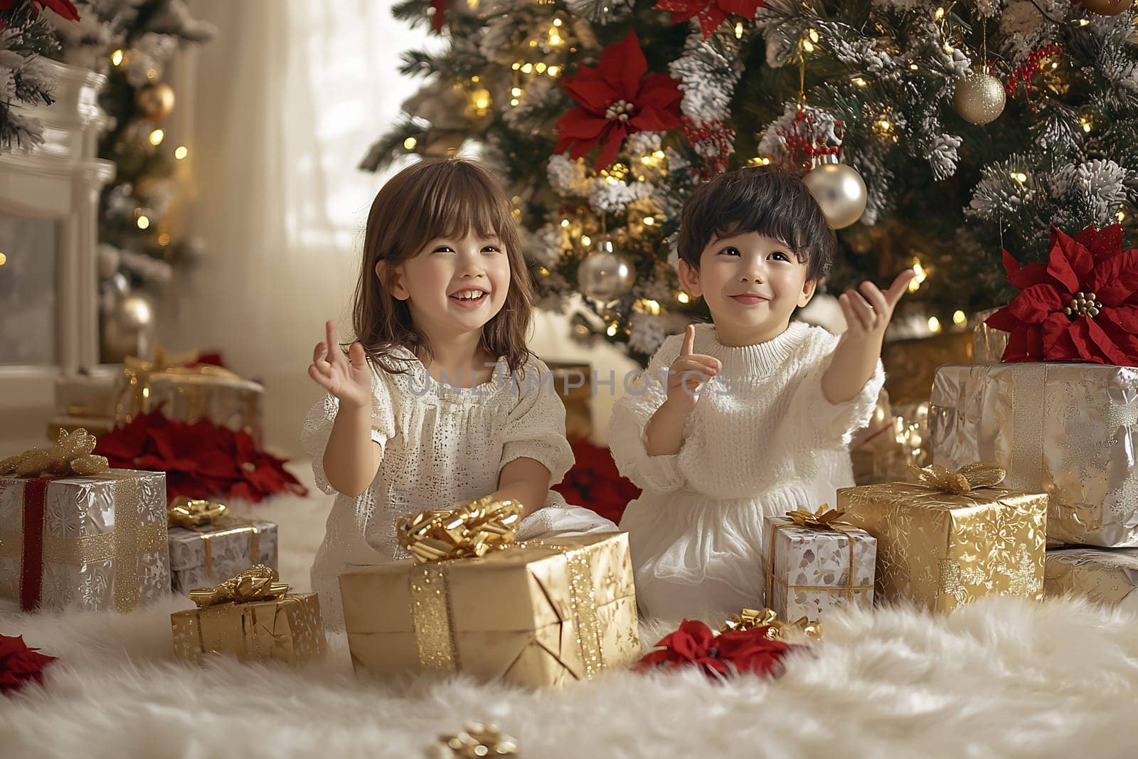 Two joyful children playfully pose among colorful gifts beneath a beautifully adorned Christmas tree in a warm, festive atmosphere.