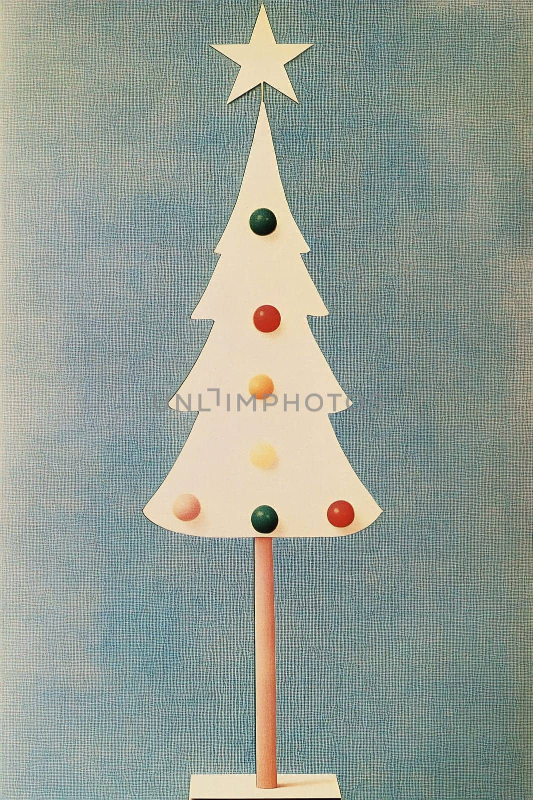 A minimalist Christmas tree with a star on top, decorated with colored dots, stands out against a blue textured backdrop.