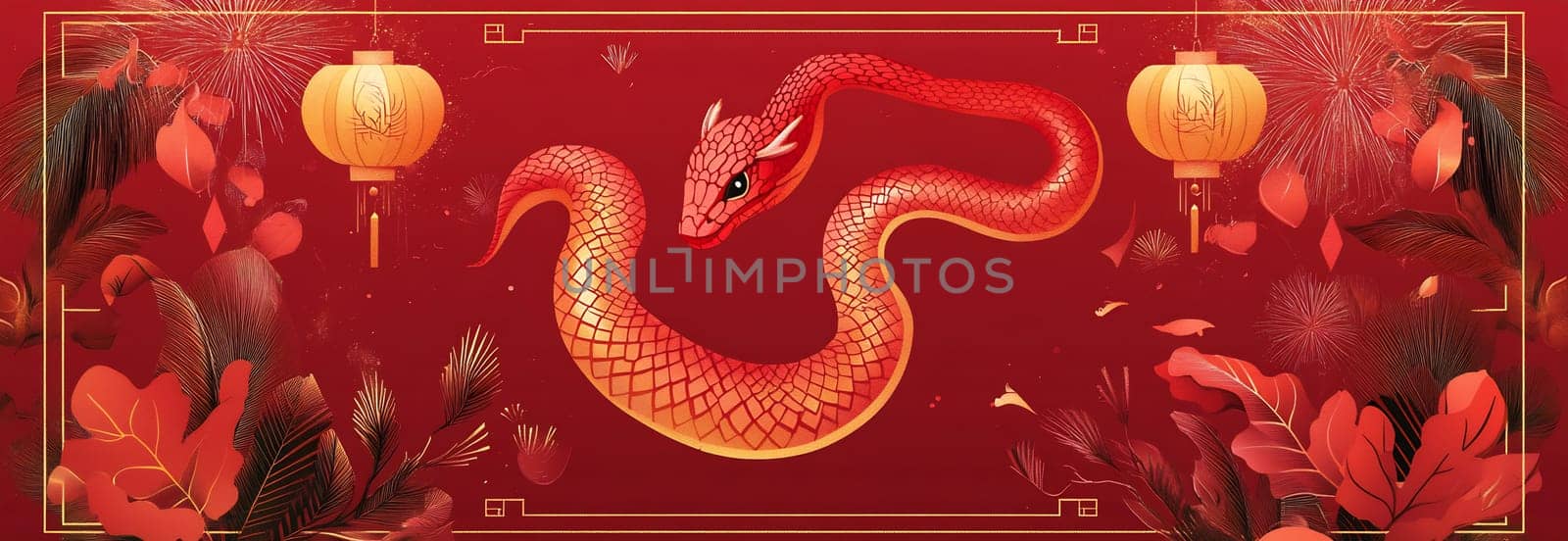 A striking red snake gracefully slithers through festive decorations, symbolizing good fortune for the Lunar New Year celebration.