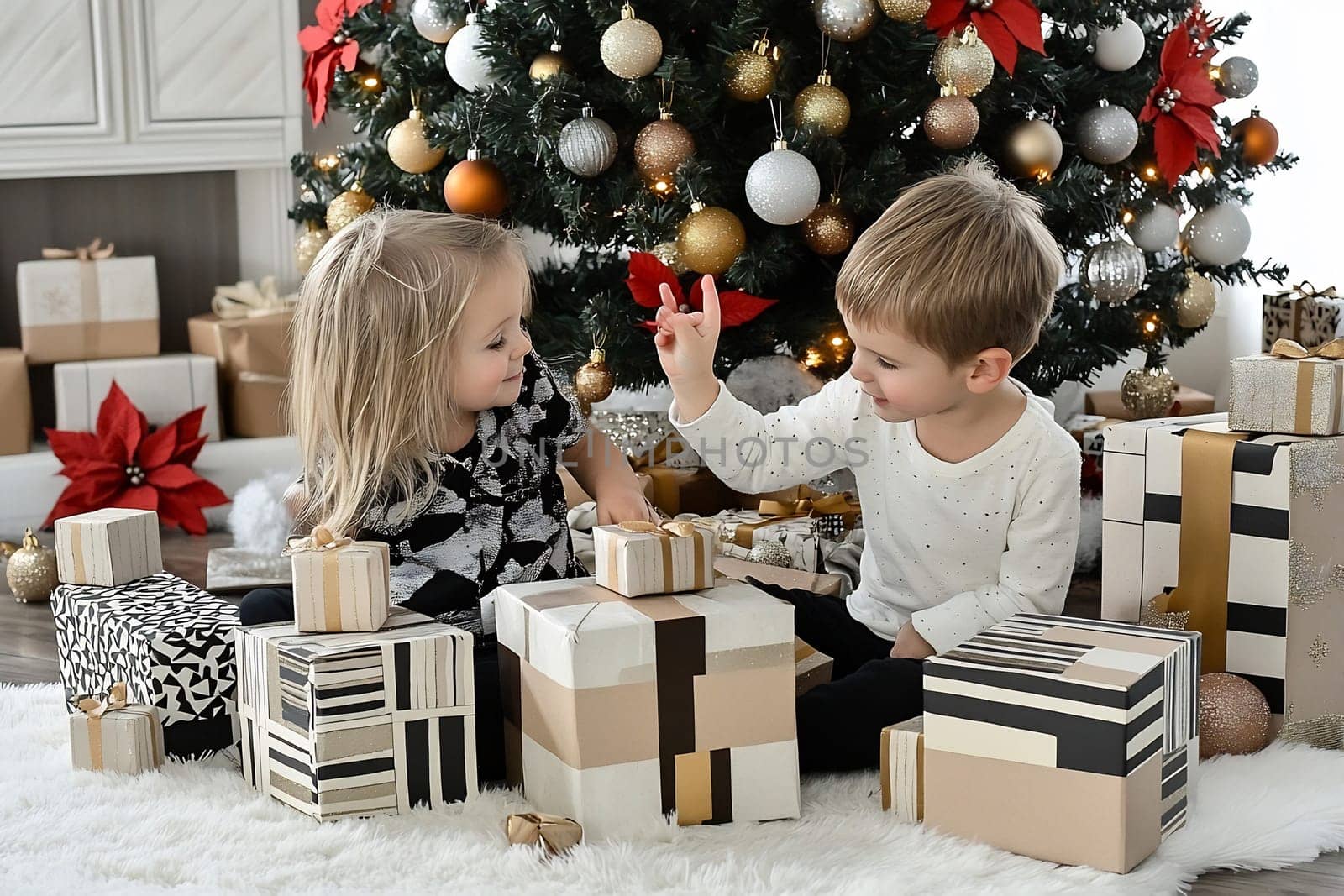 Two children excitedly explore wrapped gifts while sitting on a soft rug near a festive Christmas tree adorned with decorations.