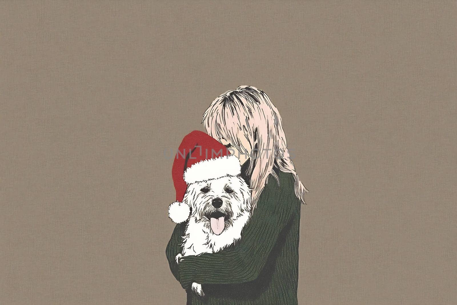 A woman lovingly embraces her excited dog, who sports a festive Santa hat, creating a warm holiday atmosphere.