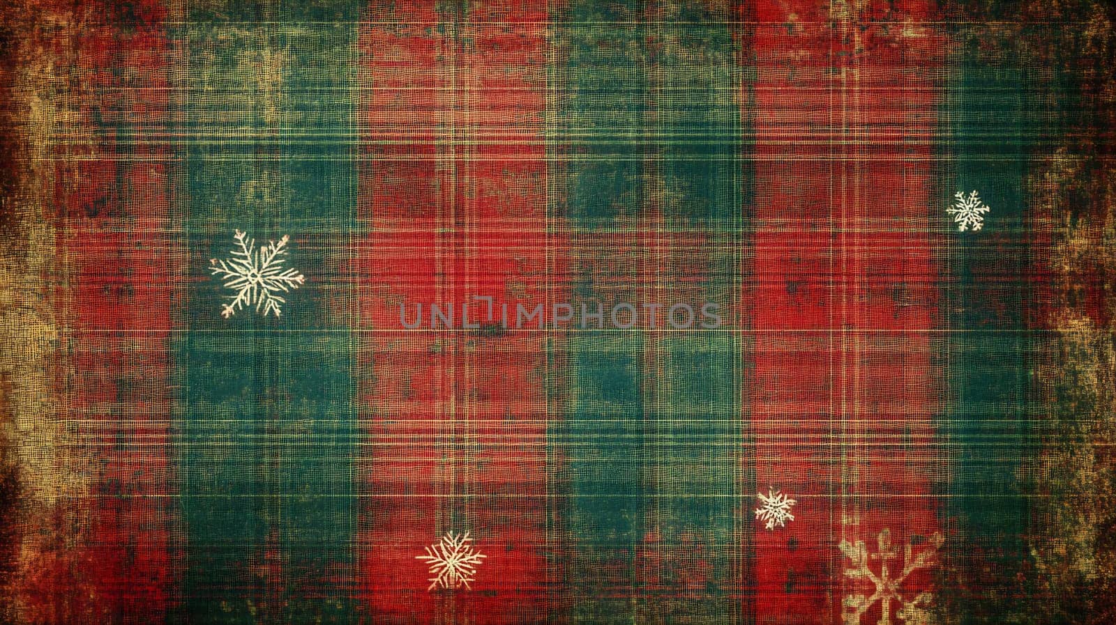 The vibrant plaid design features red, green, and white colors, adorned with delicate snowflakes, ideal for winter celebrations.