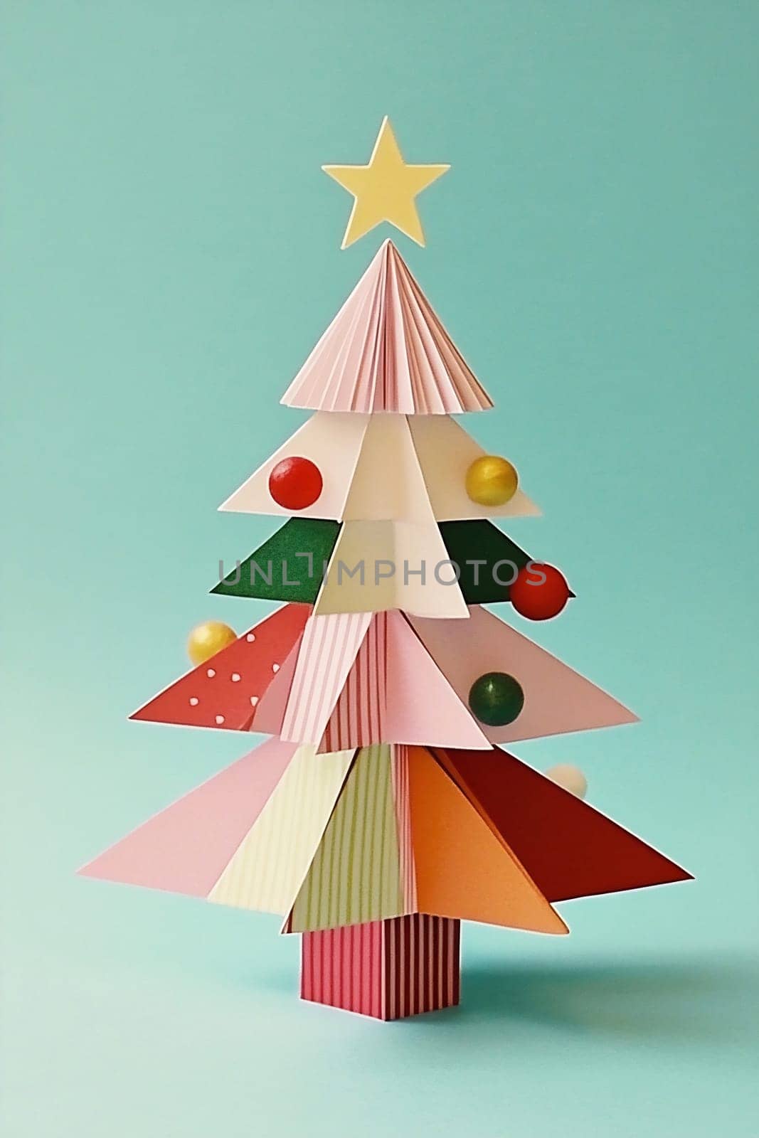 A vibrant paper Christmas tree features a star, colorful ornaments, and layered triangular shapes, perfect for festive decoration.