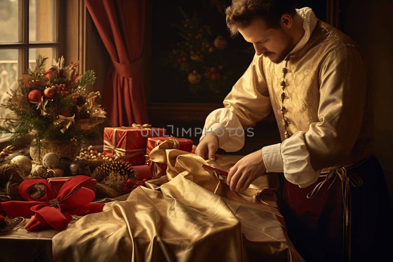 A man in a historical outfit elegantly wraps golden fabric around festive gifts in a warm, decorated room.