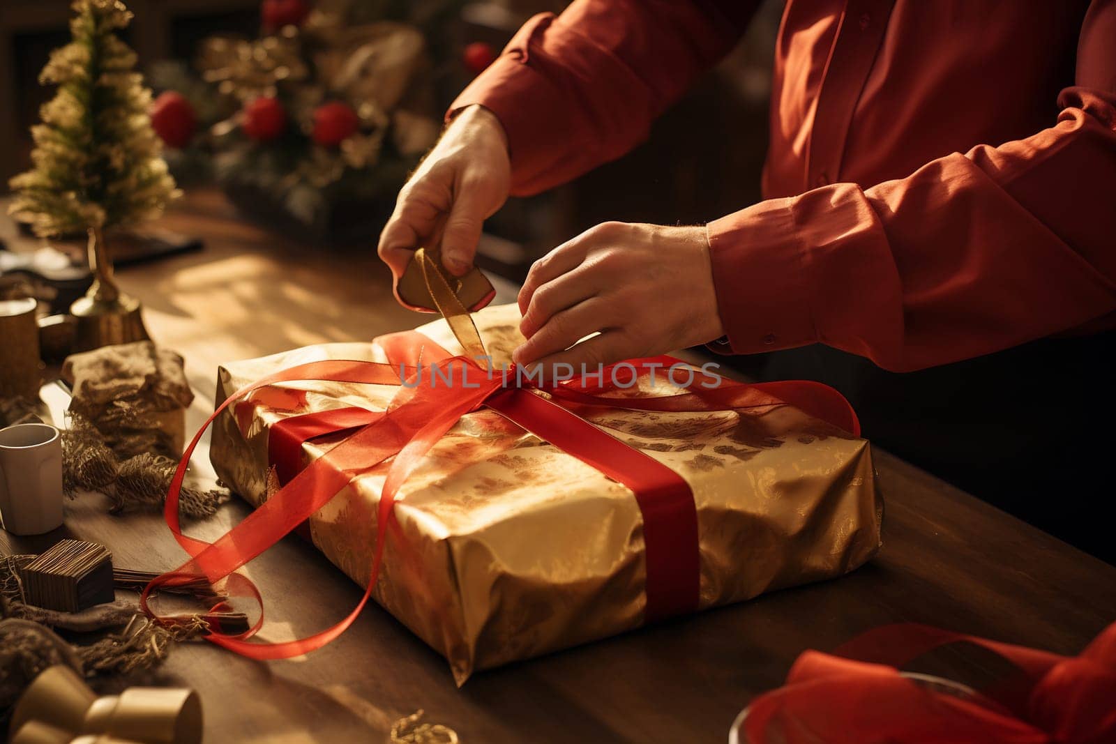 A person carefully ties a red ribbon around a beautifully wrapped gold gift box, preparing for the festive celebration.