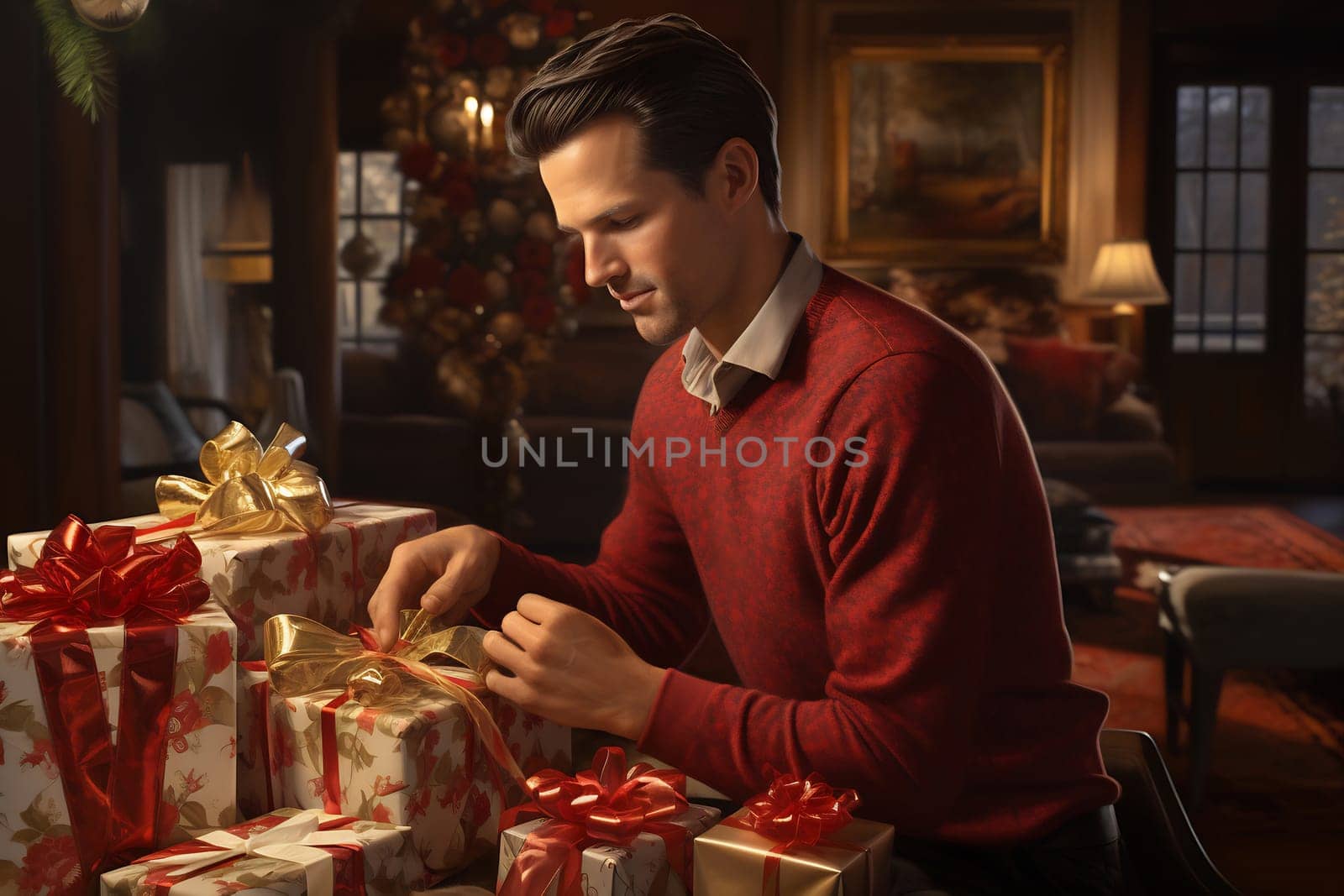 A man wrapped in a red sweater focuses on wrapping presents with decorative ribbons in a holiday-themed living room.