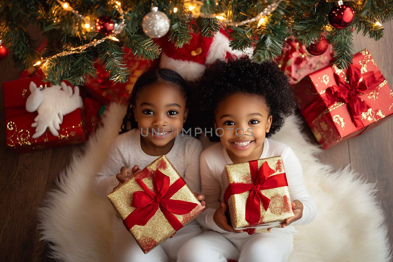 Two girls smile brightly while sitting on a cozy rug, eagerly holding gifts beneath a sparkling Christmas tree adorned with ornaments.