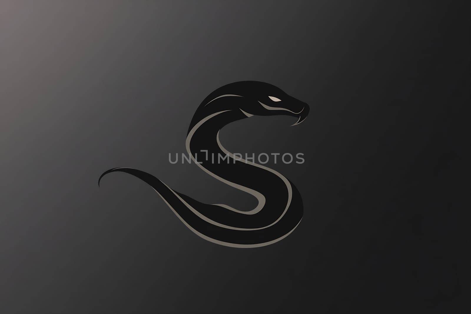 A stylized black snake coils gracefully against a dark backdrop, emphasizing its elegant form and fierce expression in a minimalist style.