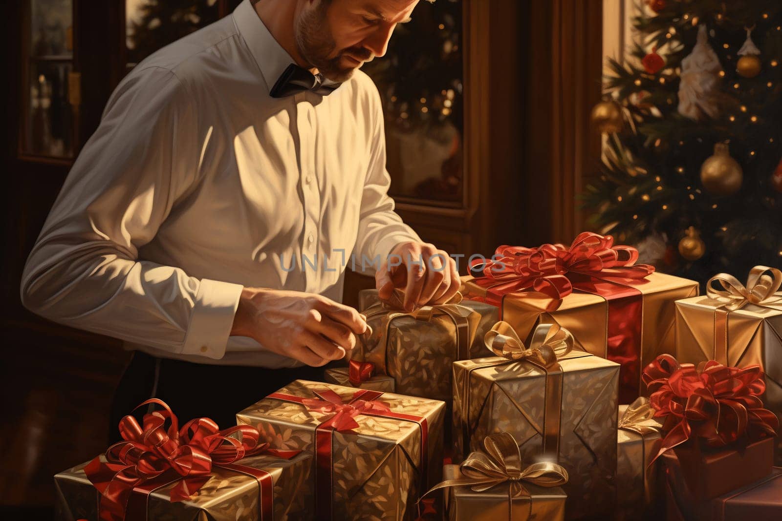 A man in a tuxedo focuses on arranging gold and red wrapped gifts near a festive Christmas tree adorned with lights.