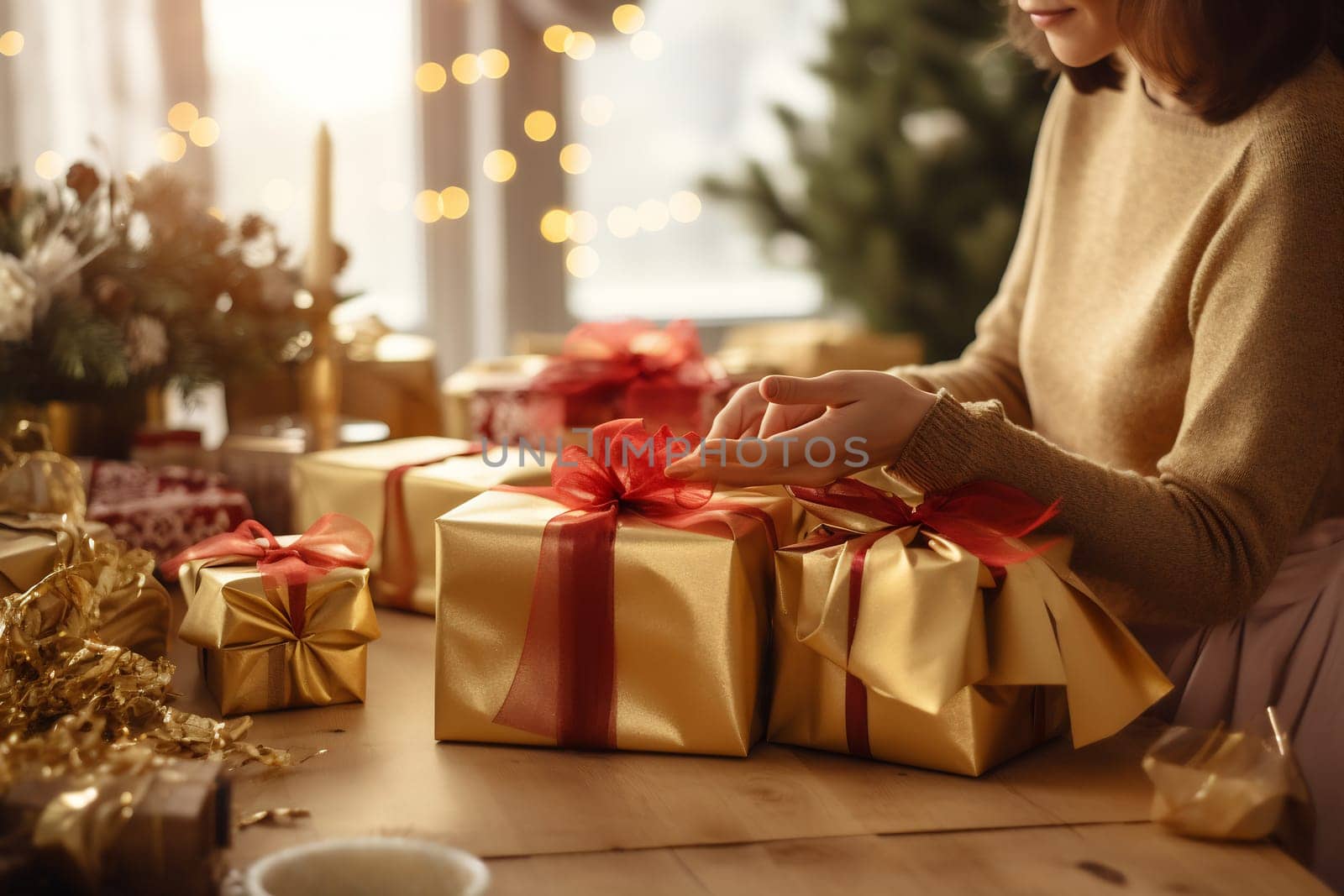 Wrapping beautifully packaged golden gifts with red ribbons in a warm holiday setting filled with decorations and lights.