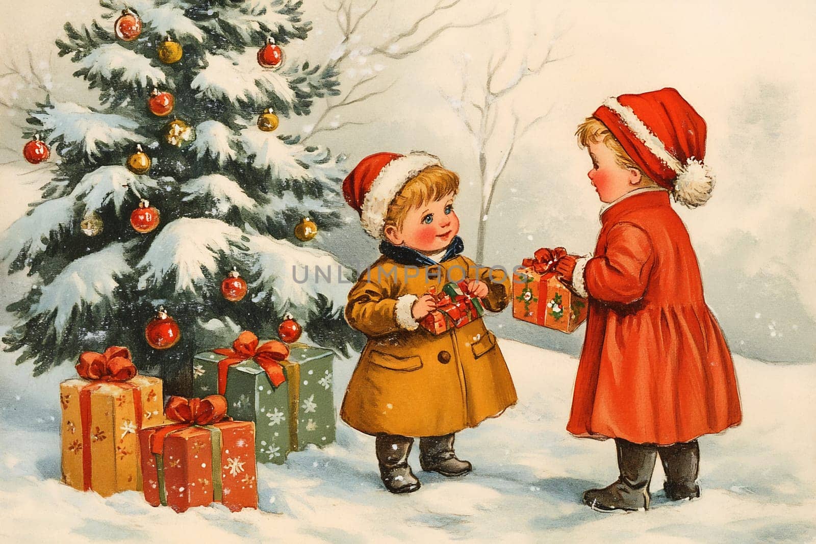 Two children joyfully share gifts while surrounded by a snowy landscape and a festive tree adorned with ornaments.