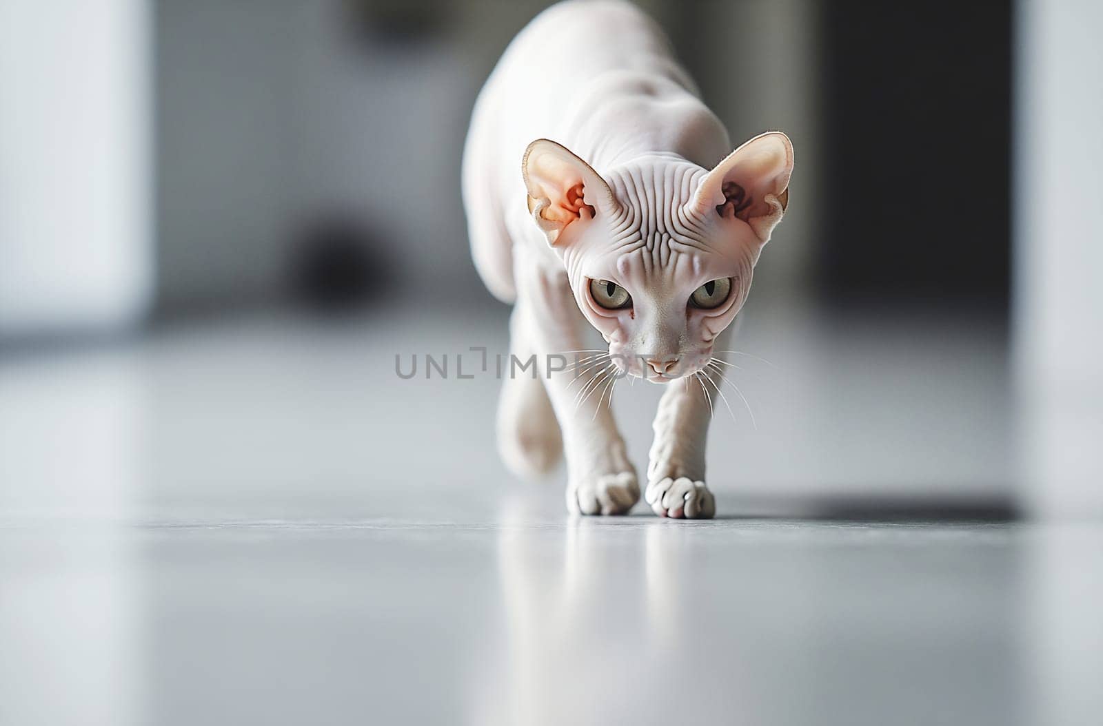 A Sphynx cat with distinct features walks cautiously across a sleek floor in a softly lit room, showcasing its curious nature.