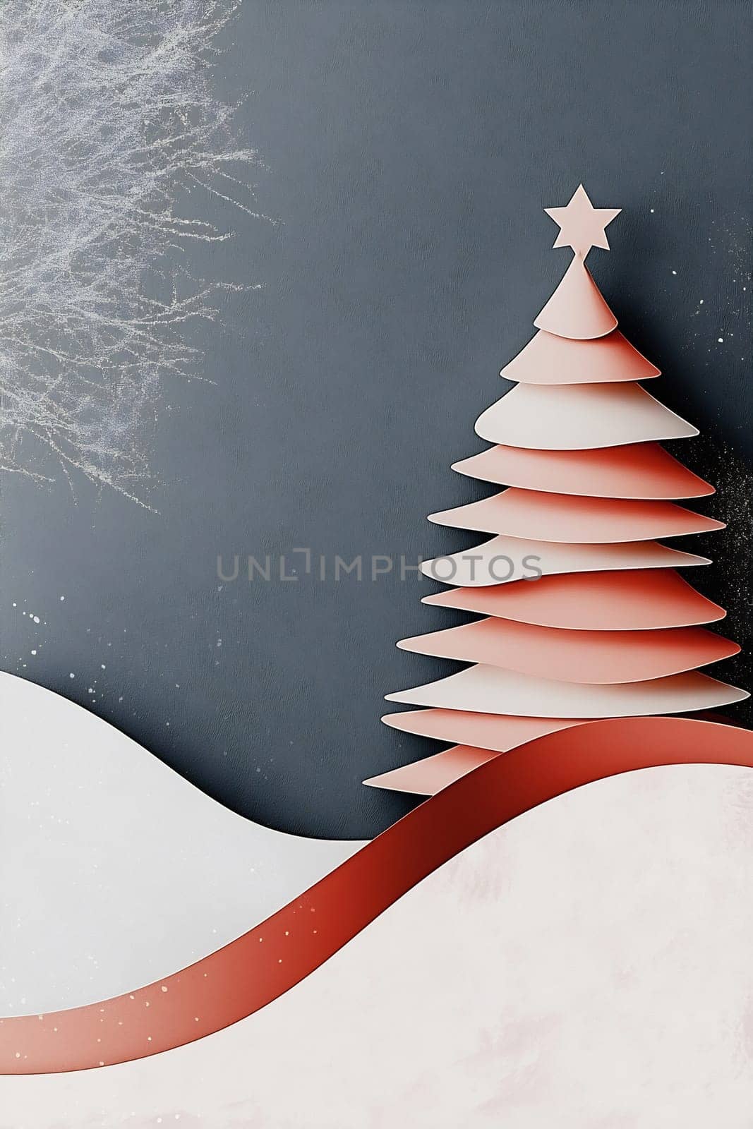 A paper cutout Christmas tree is displayed against a gray backdrop, complemented by white snow and decorative elements for a festive touch.
