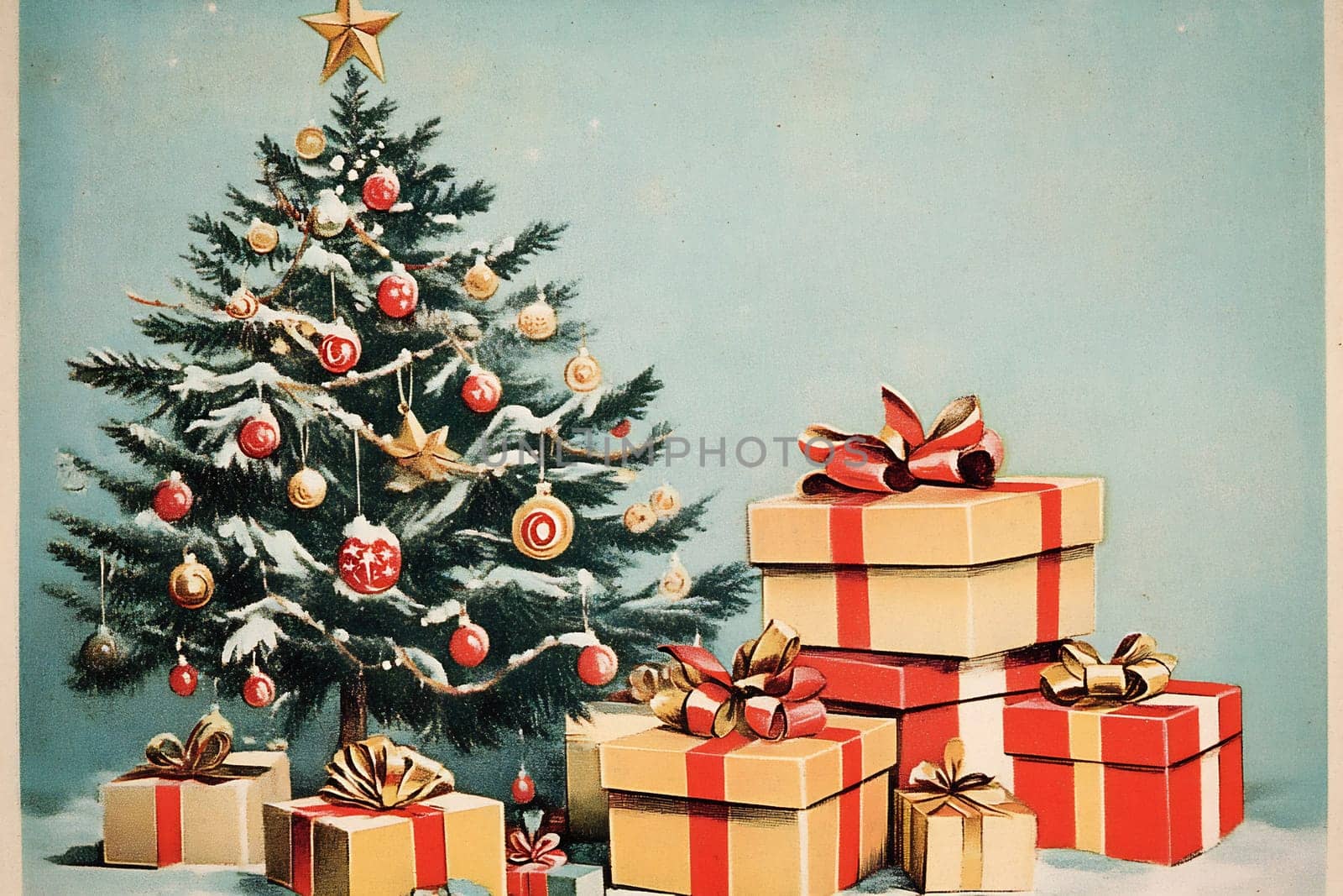 A decorated Christmas tree with ornaments, surrounded by multiple gifts wrapped in vibrant paper.