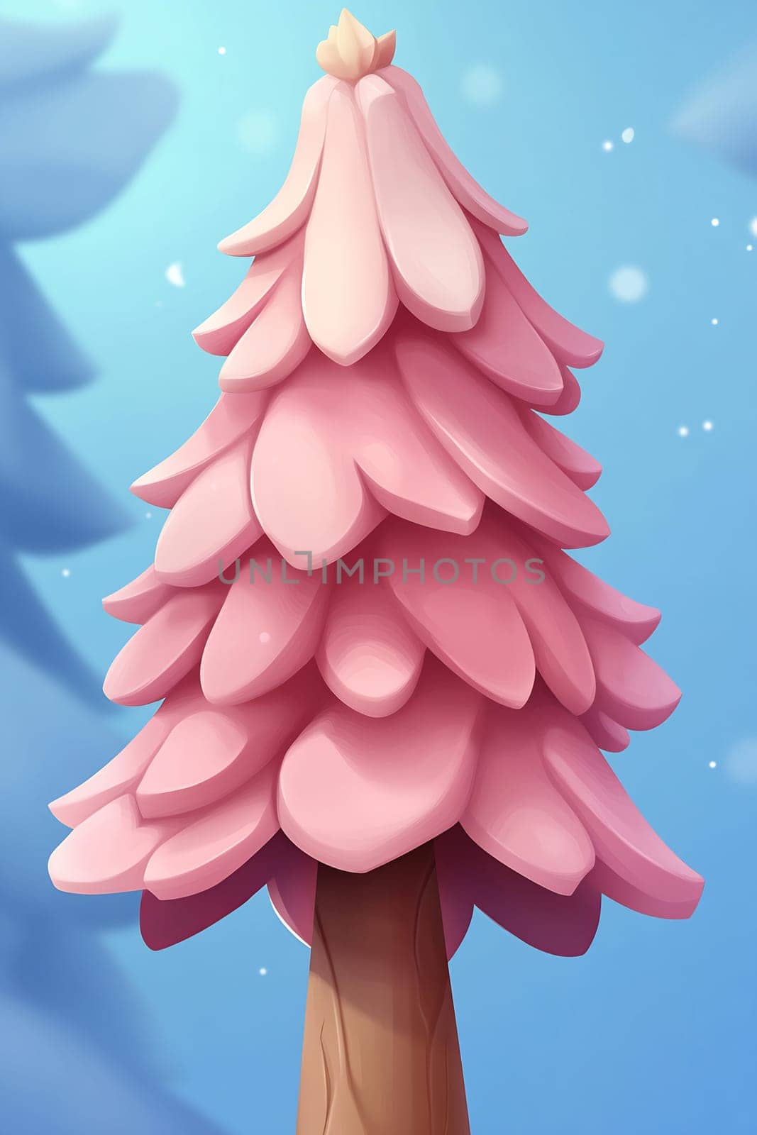 The pink tree, adorned with layered petals, contrasts beautifully against a serene blue backdrop, evoking a playful winter wonderland.