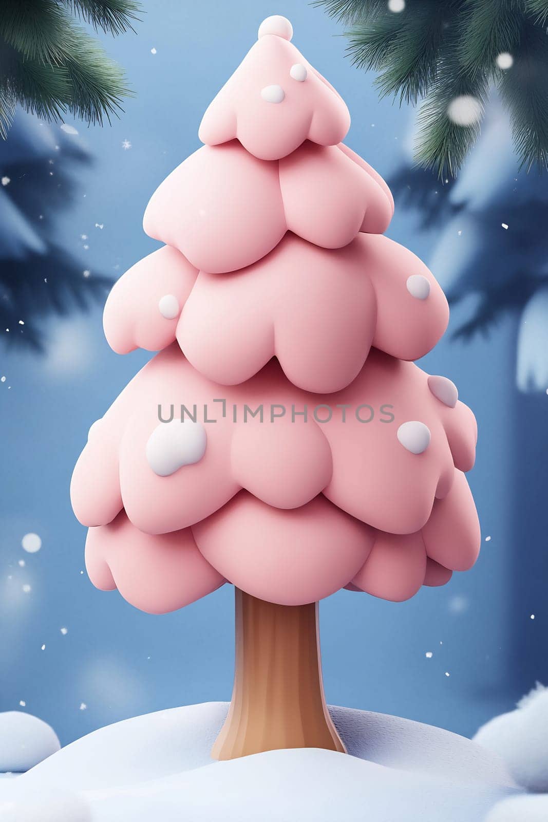 A playful pink tree with rounded layers rests in a snowy landscape, amidst snow-dusted evergreen trees, creating a festive winter vibe.