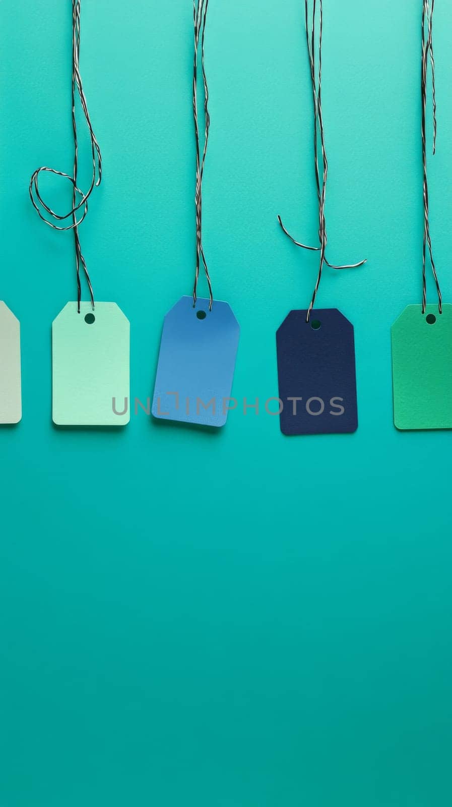 Blank price tag mockup with string on color background, AI Generated