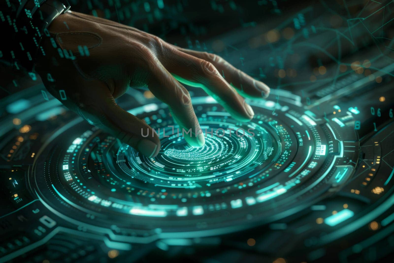 Finger touching digital fingerprint scanner on glowing virtual keyboard, identification concept, AI Generated