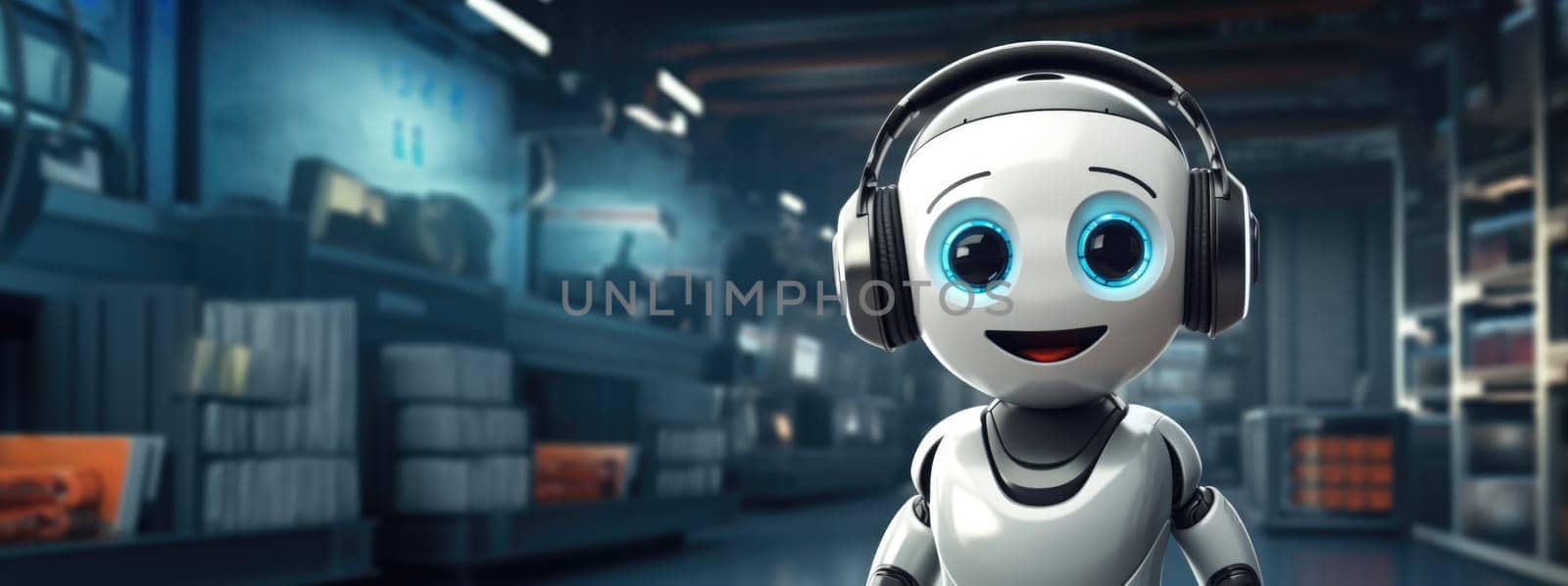 Smiling robot in headphones in a futuristic lab, concept of AI technology, background, AI generated