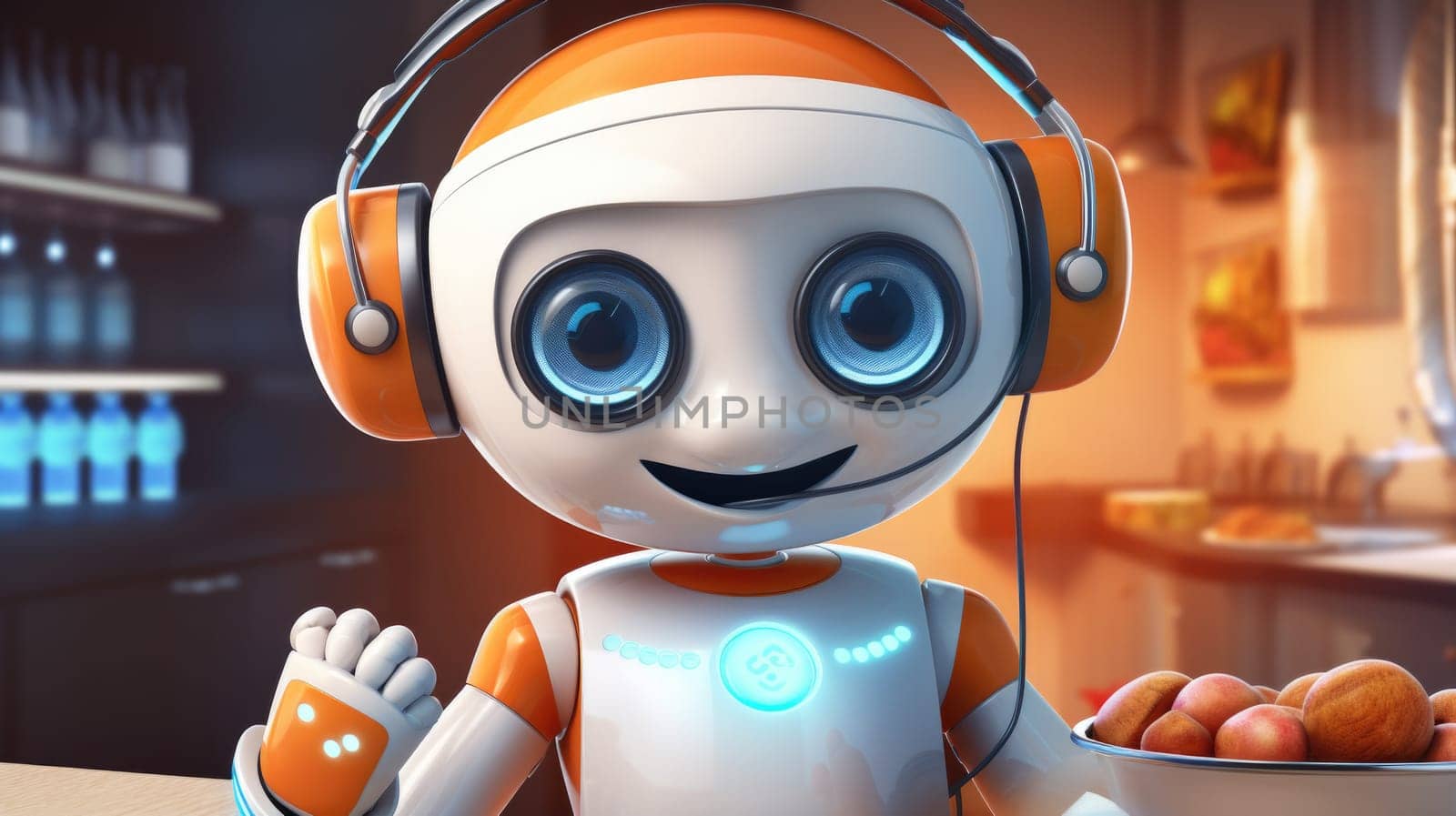 Cute robot with headphones cooking in modern kitchen, futuristic technology concept, AI generated