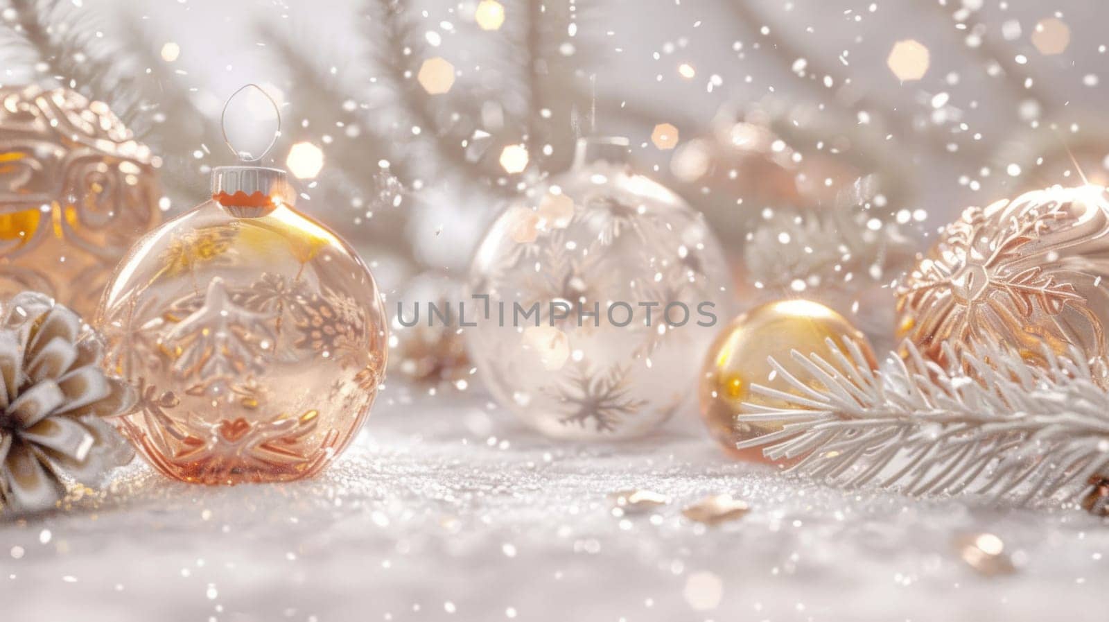 Christmas postcard with ornaments, Christmas tree in snow against blurred background, AI Generated