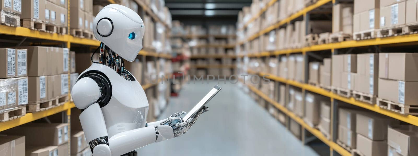 Robot holding tablet in warehouse filled with cardboard boxes, logistics technology concept, AI Generated