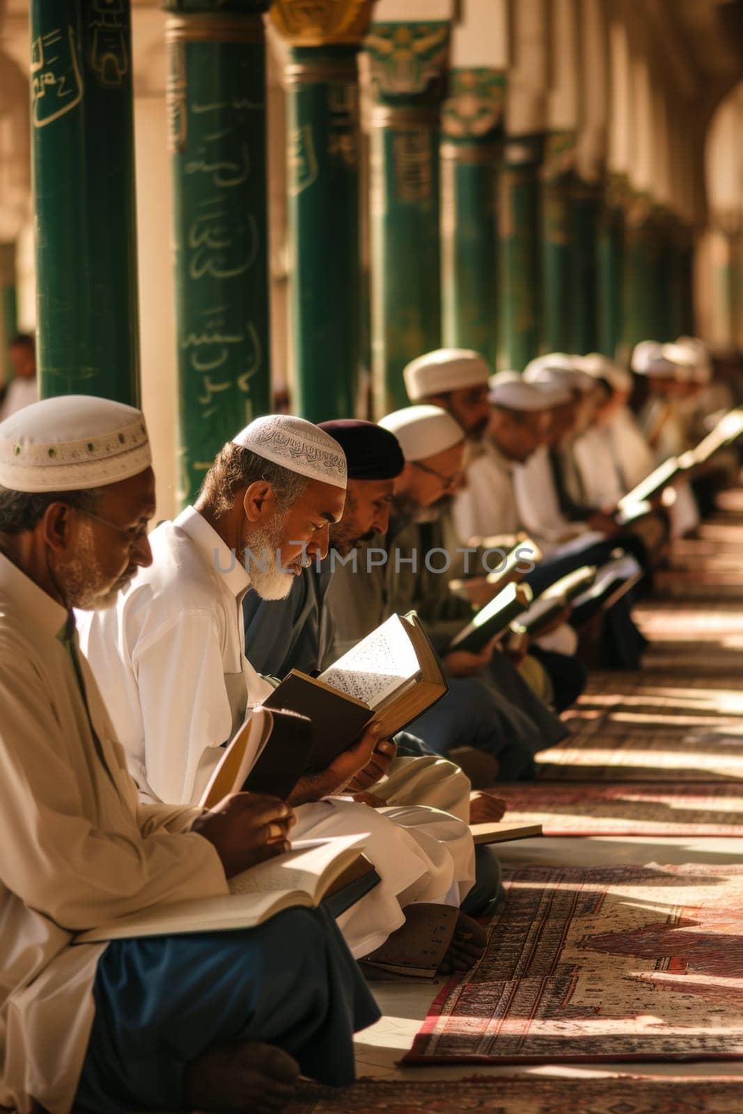 Elderly men reading inside mosque with warm light, creating a peaceful atmosphere, AI Generated