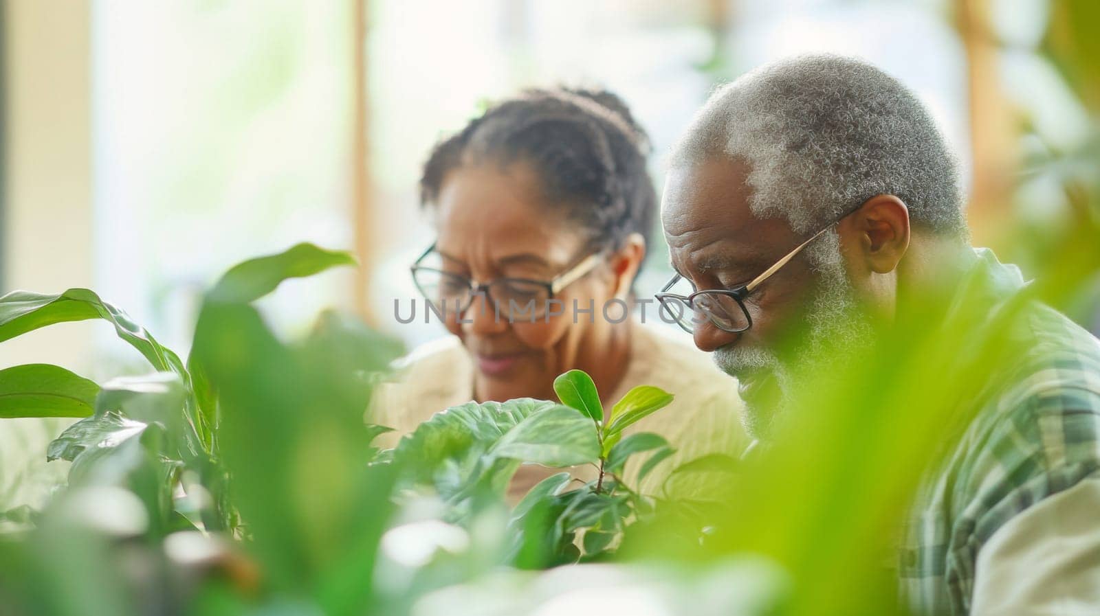Couple caring houseplants at home. African american mature man and woman with green plants. AI Generated