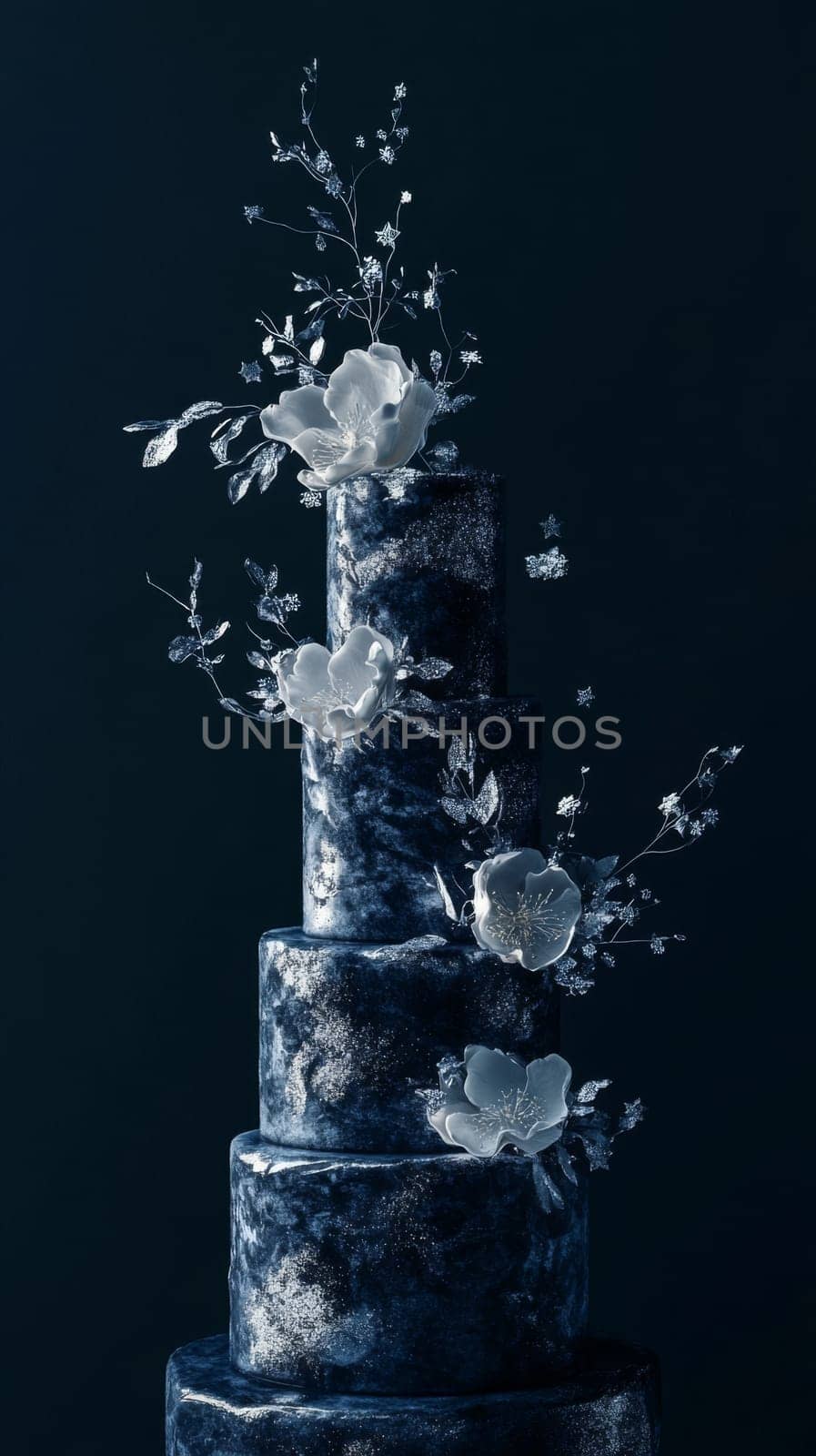 Elegant tiered wedding cake with white natural decor, dark background, copy space, AI Generated