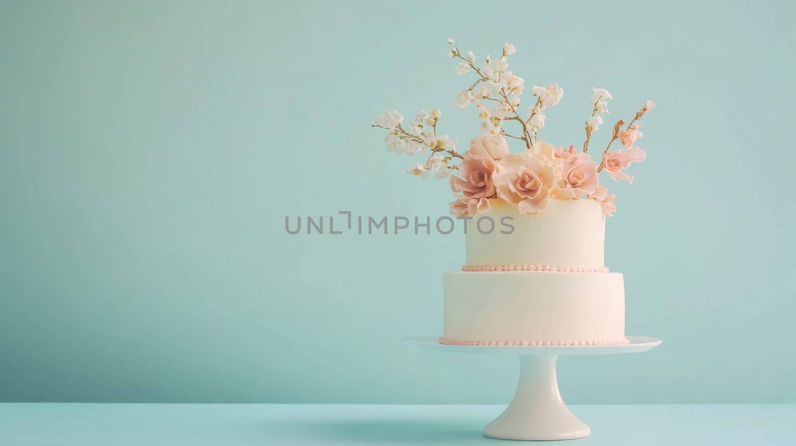 Wedding cake with beautiful flowers on solid pastel color background, copy space, AI Generated