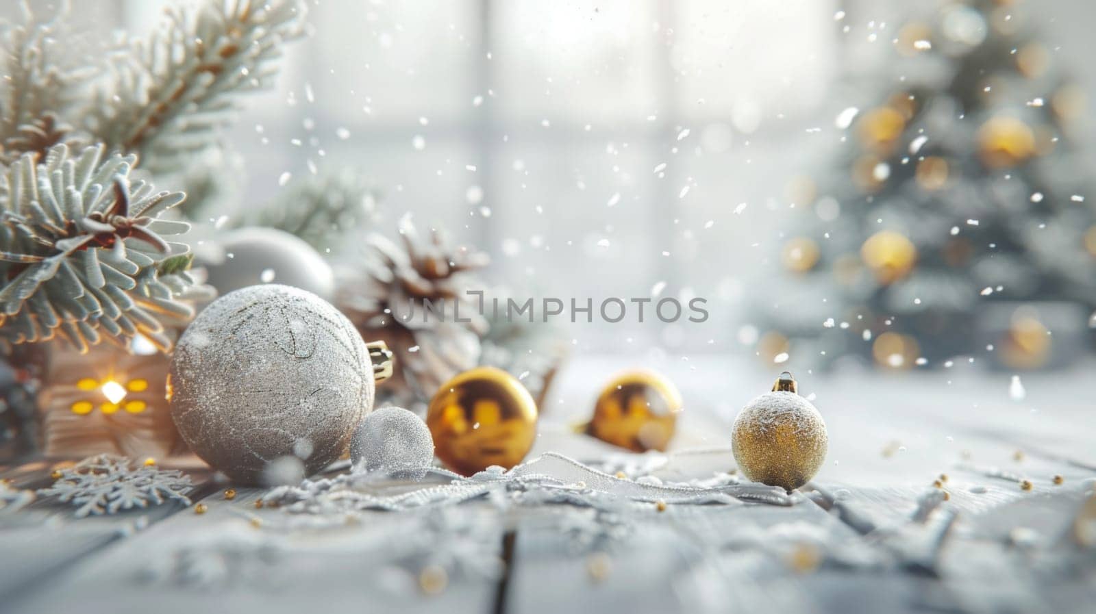 Christmas postcard with ornaments, Christmas tree in snow against blurred background, AI Generated