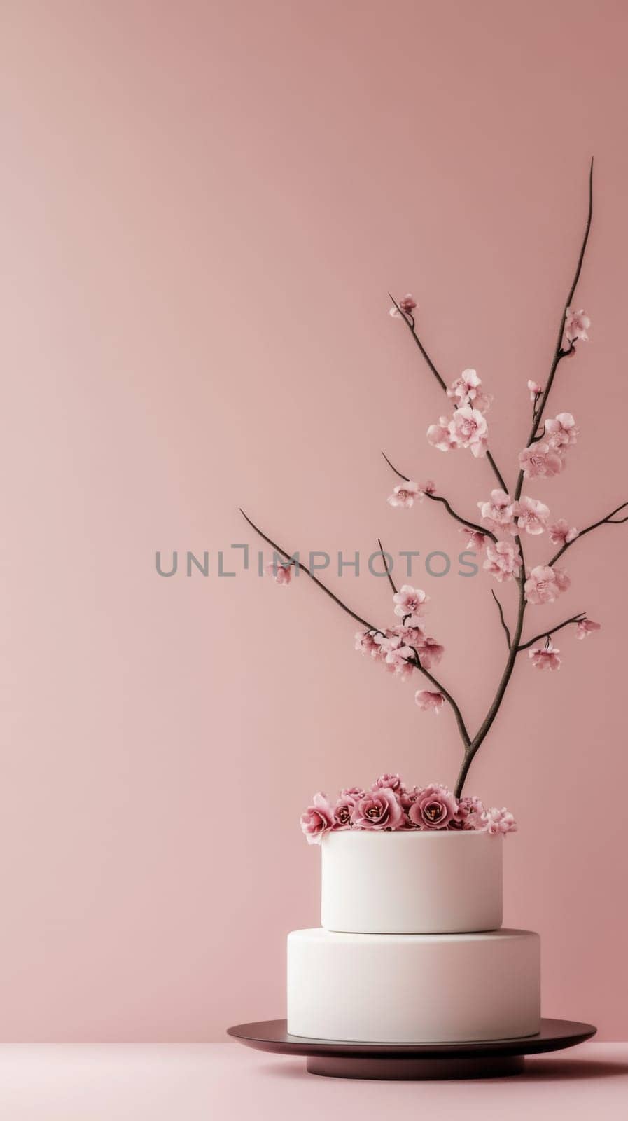 Wedding White tiered cake with pink blossom on pastel background, copy space, AI Generated