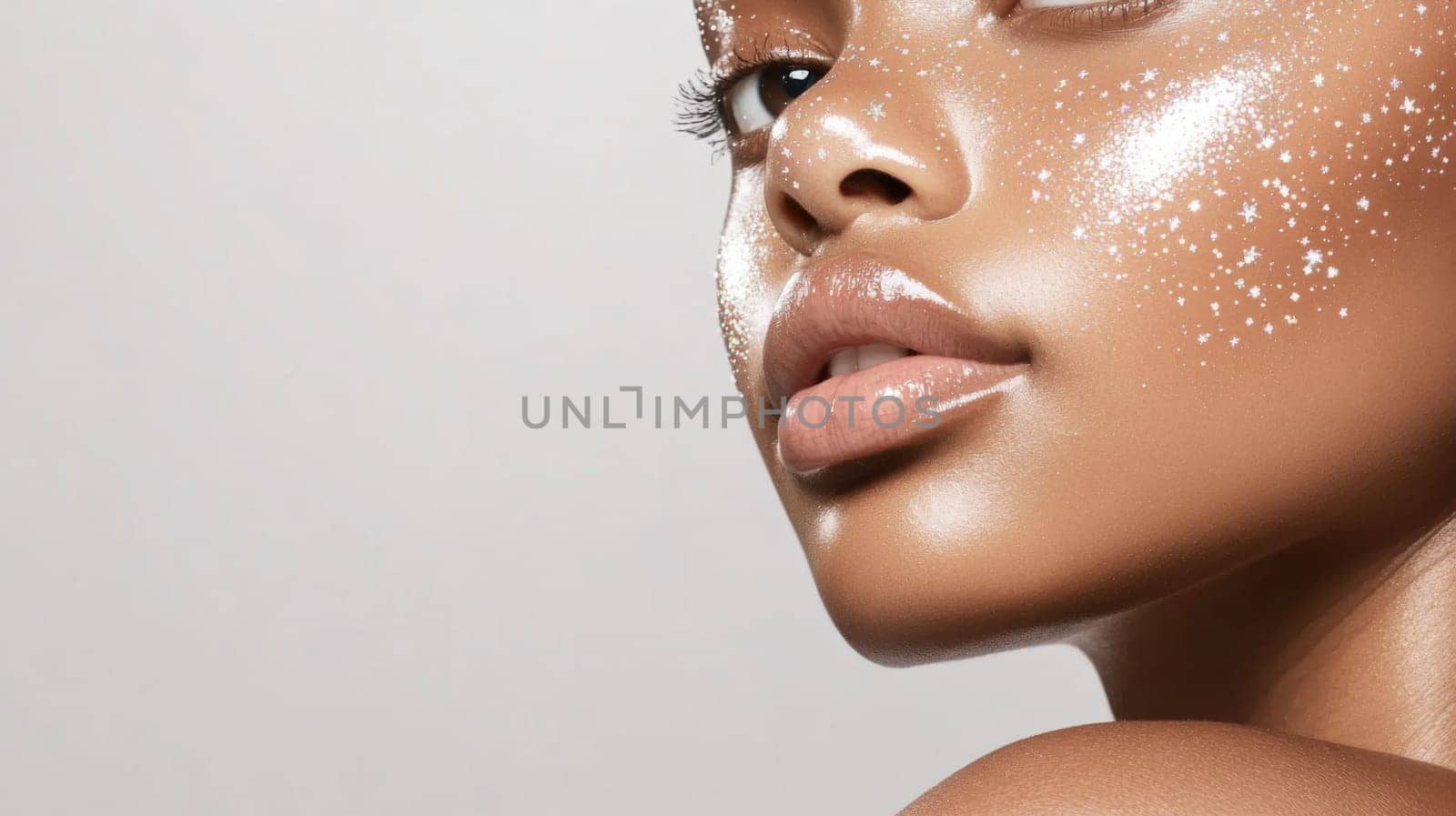 Young african american woman with glittering freckles makeup on smooth skin, profile view, neutral background, AI Generated