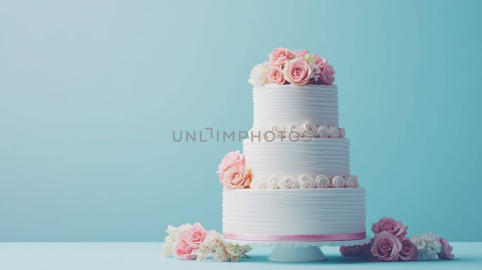 Wedding cake with beautiful flowers on solid pastel color background, copy space, AI Generated