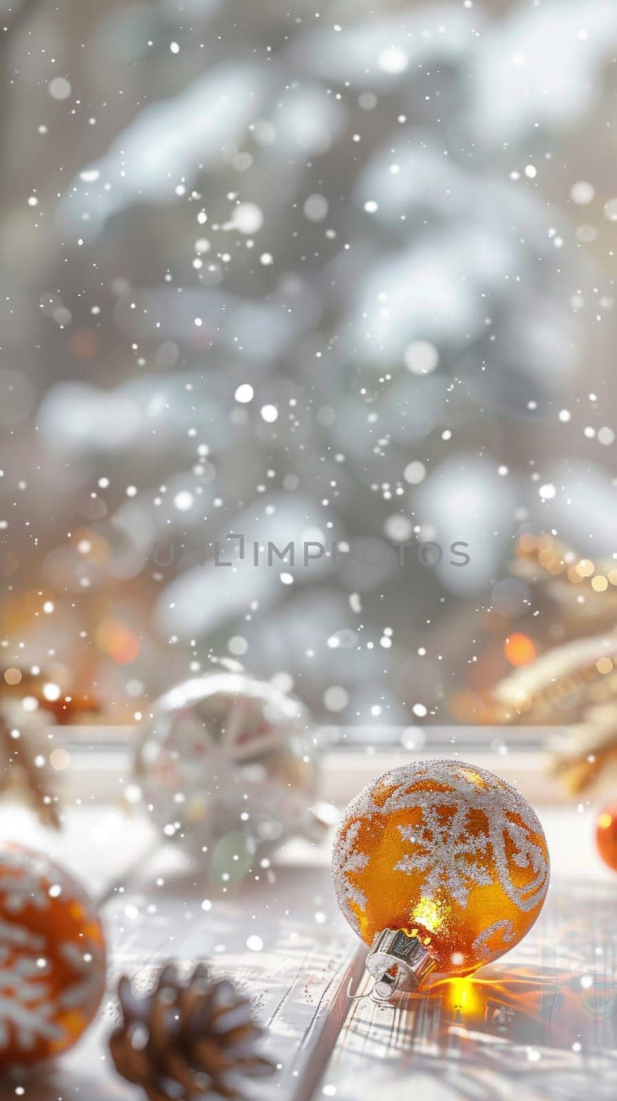 Christmas postcard with ornaments, Christmas tree in snow against blurred background, AI Generated