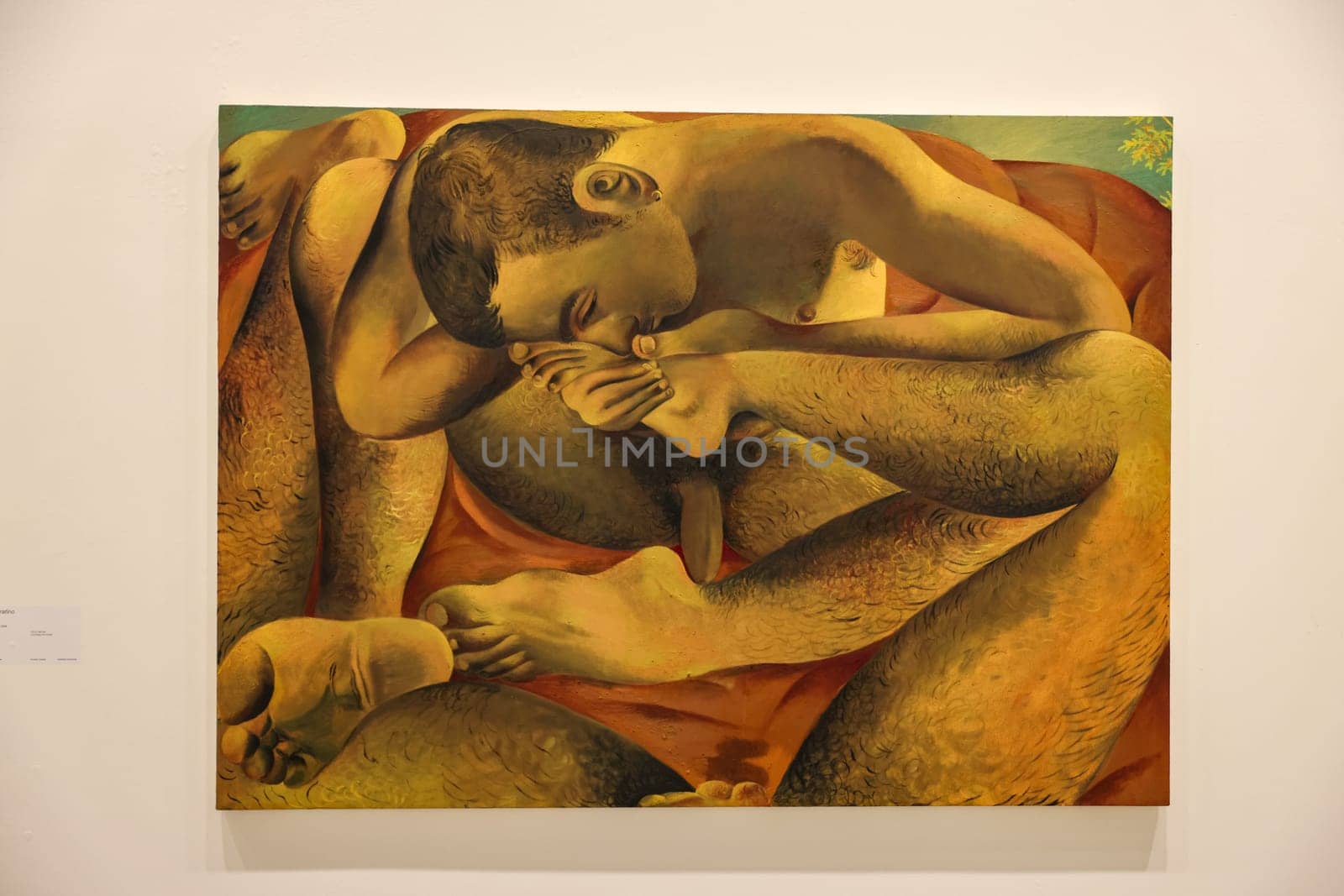 Venice, Italy - May 7 2024: Foreigners Everywhere 60th Venice Art Biennale in Venice. Kissing My Foot by Louis Fratino. Oil on canvas