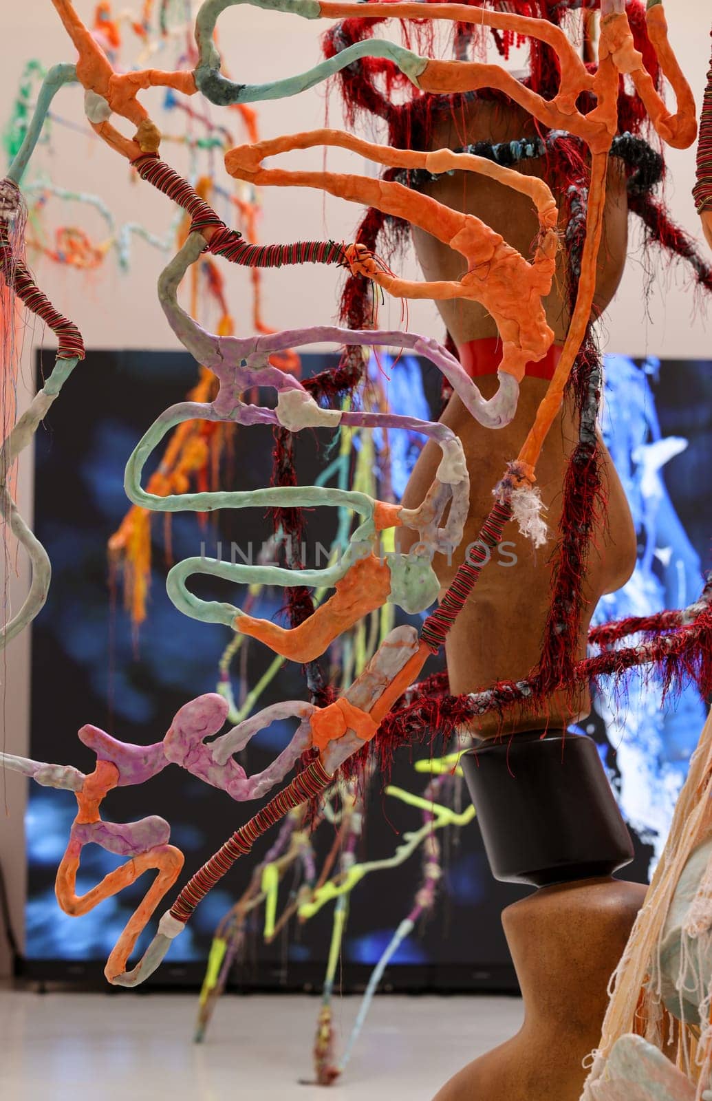 Venice, Italy - May 7 2024: Foreigners Everywhere 60th Venice Art Biennale in Venice. Visual and sound installation by Julien Creuzet inspired by Caribbean motifs in the French Pavilion at Giardini