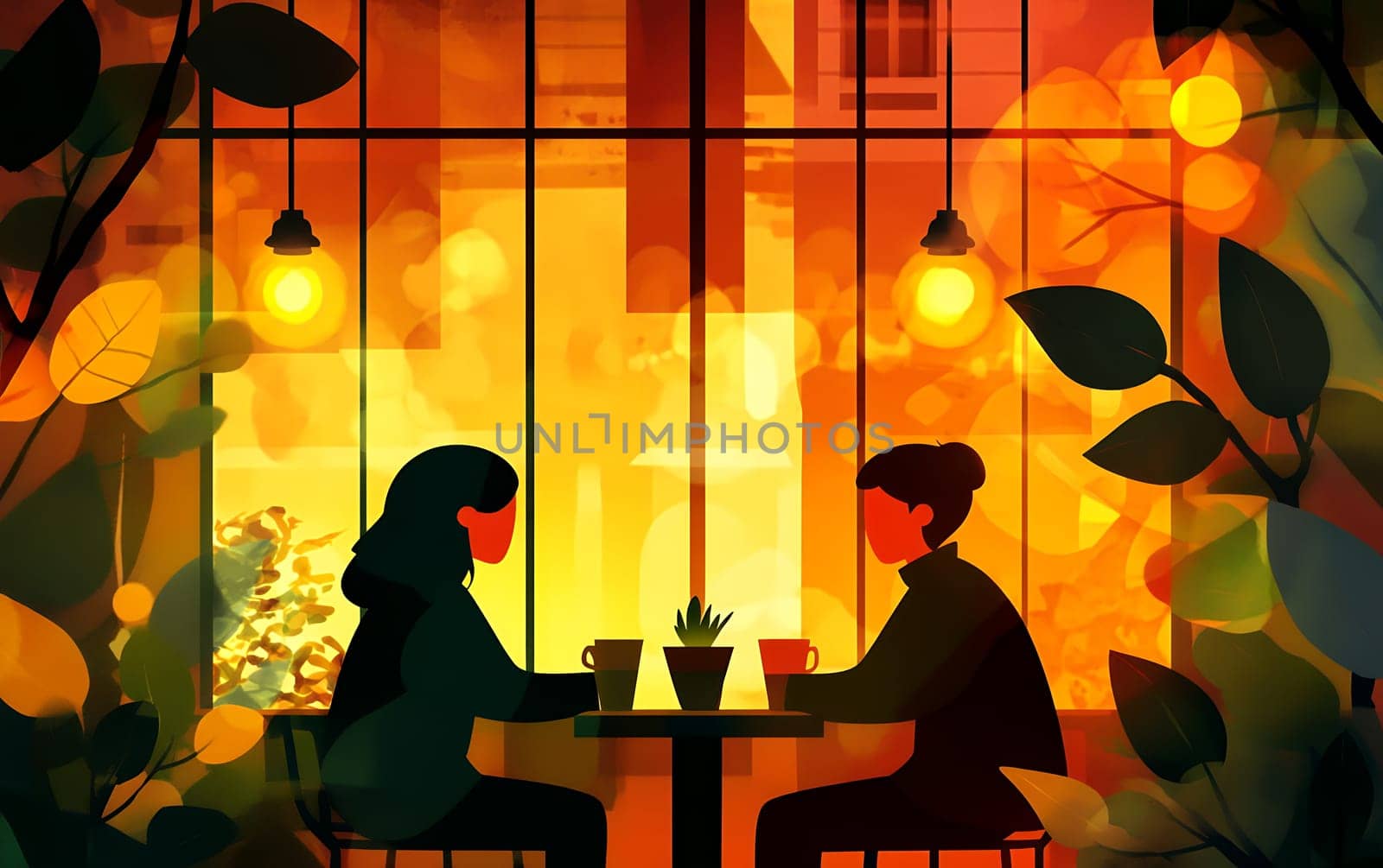A vibrant cafe scene with two people enjoying drinks, surrounded by colorful decor and warm lighting.