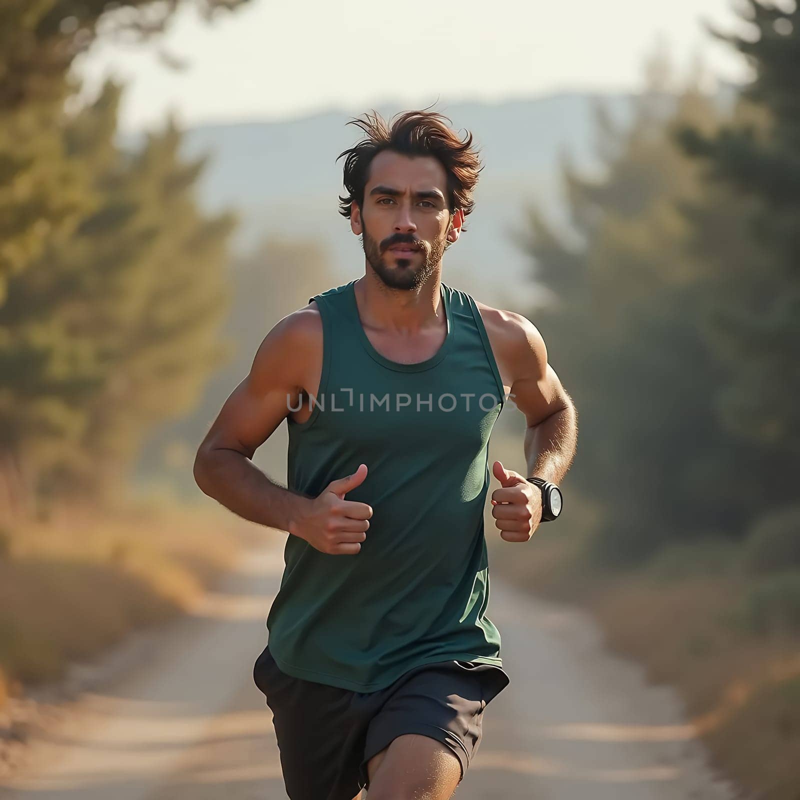 Athletic man jogging on a forest trail, wearing a green tank top, embodying fitness and endurance.