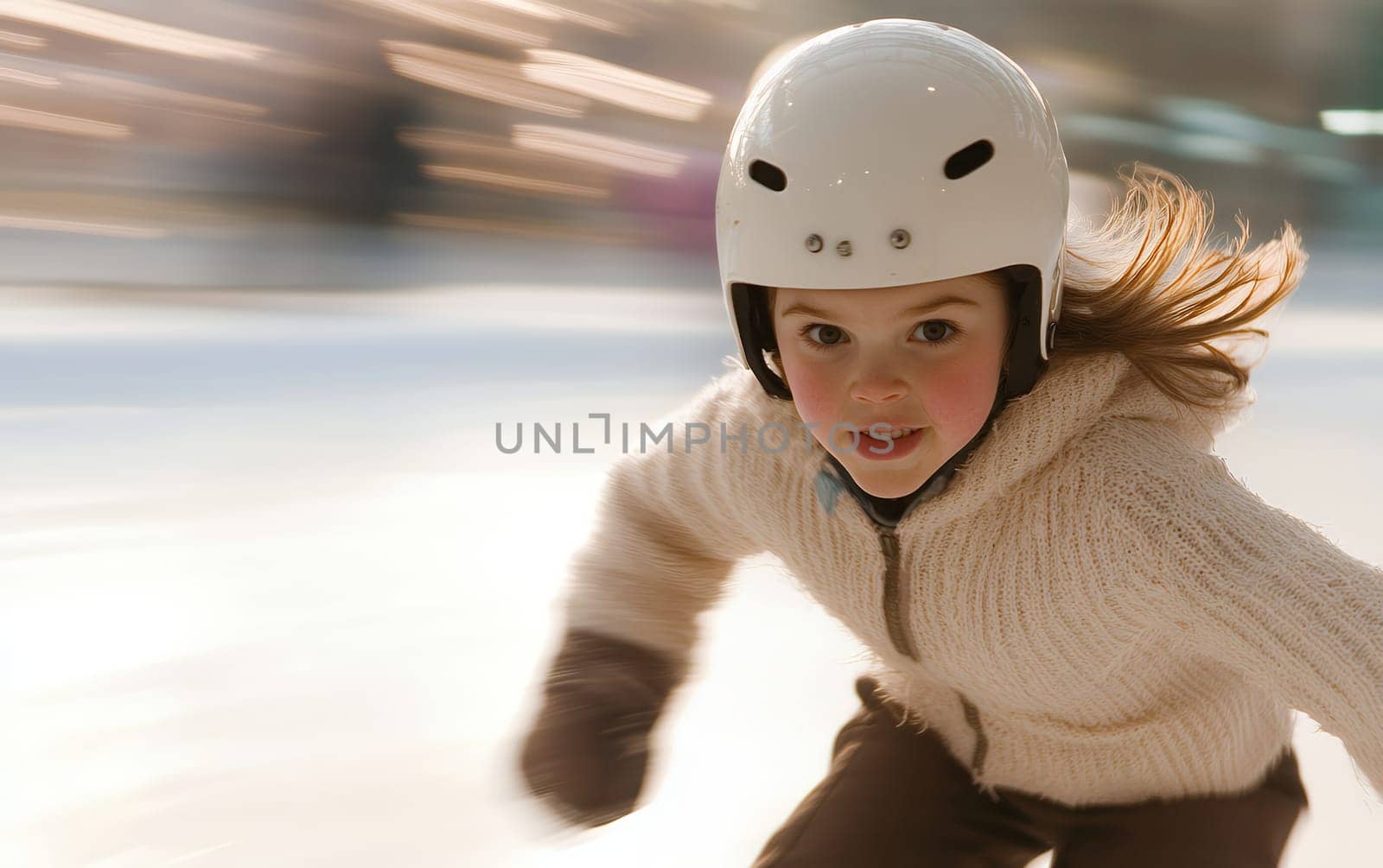 Energetic young girl ice skating swiftly, her face full of determination and joy, blurred motion capturing her speed.