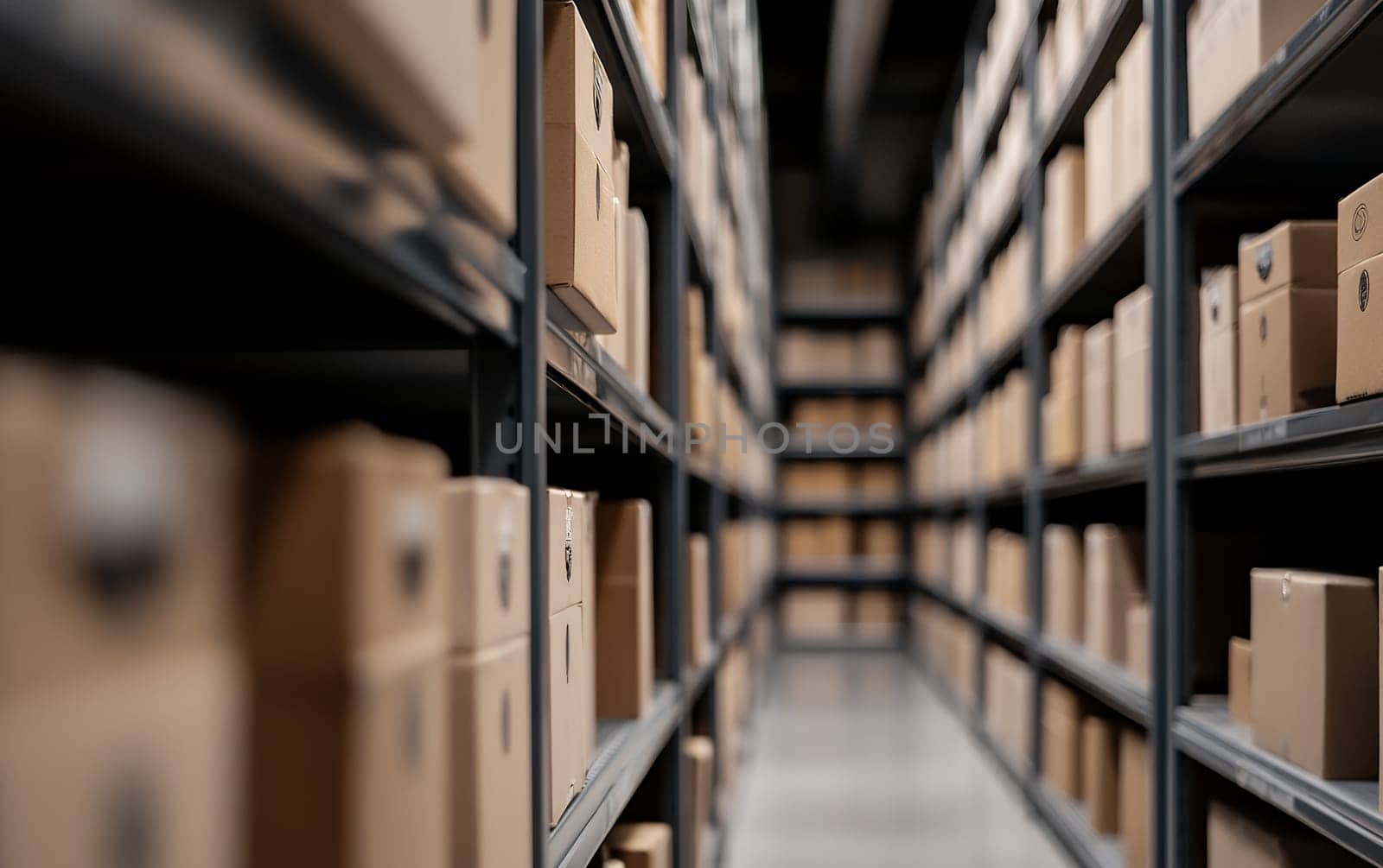 Rows of warehouse shelves filled with neatly stacked cardboard boxes, creating a sense of organized storage.